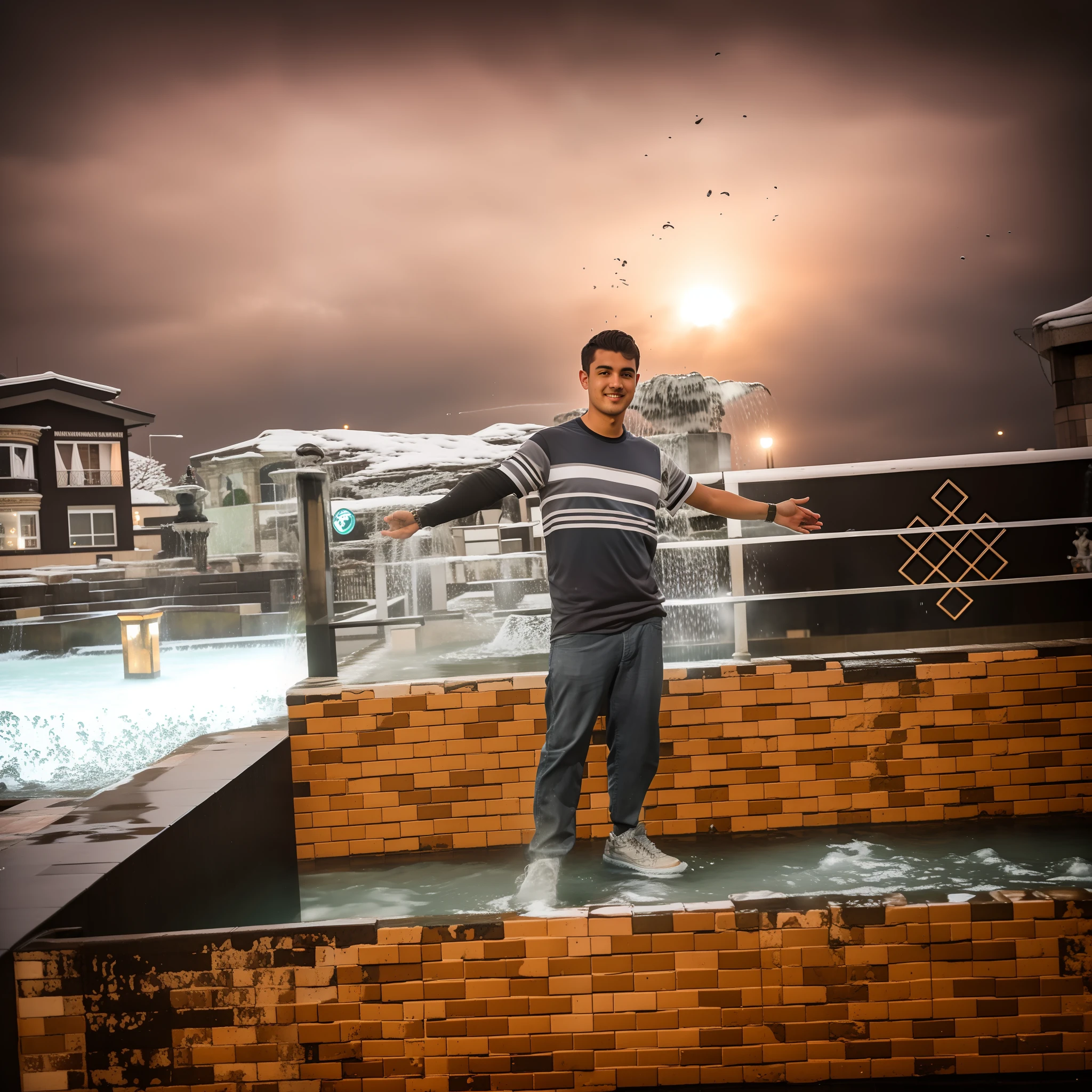 there is a man standing on a brick wall with a fountain in the background, fountain, standing in a city center, shot on nikon d 3 2 0 0, fountain in the middle, taken with sony a7r camera, very artistic pose, full body photogenic shot, taken with canon eos 5 d, photo taken with canon 5d, at evening during rain