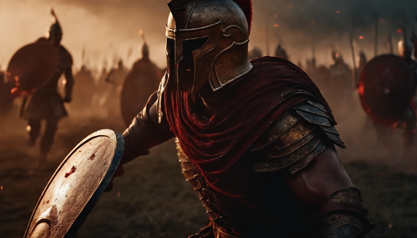 A spartan warrior with bloody armor, fiercely battling on the battlefield. (best quality, 8k, epic:1.2), going to attack with furious rage.