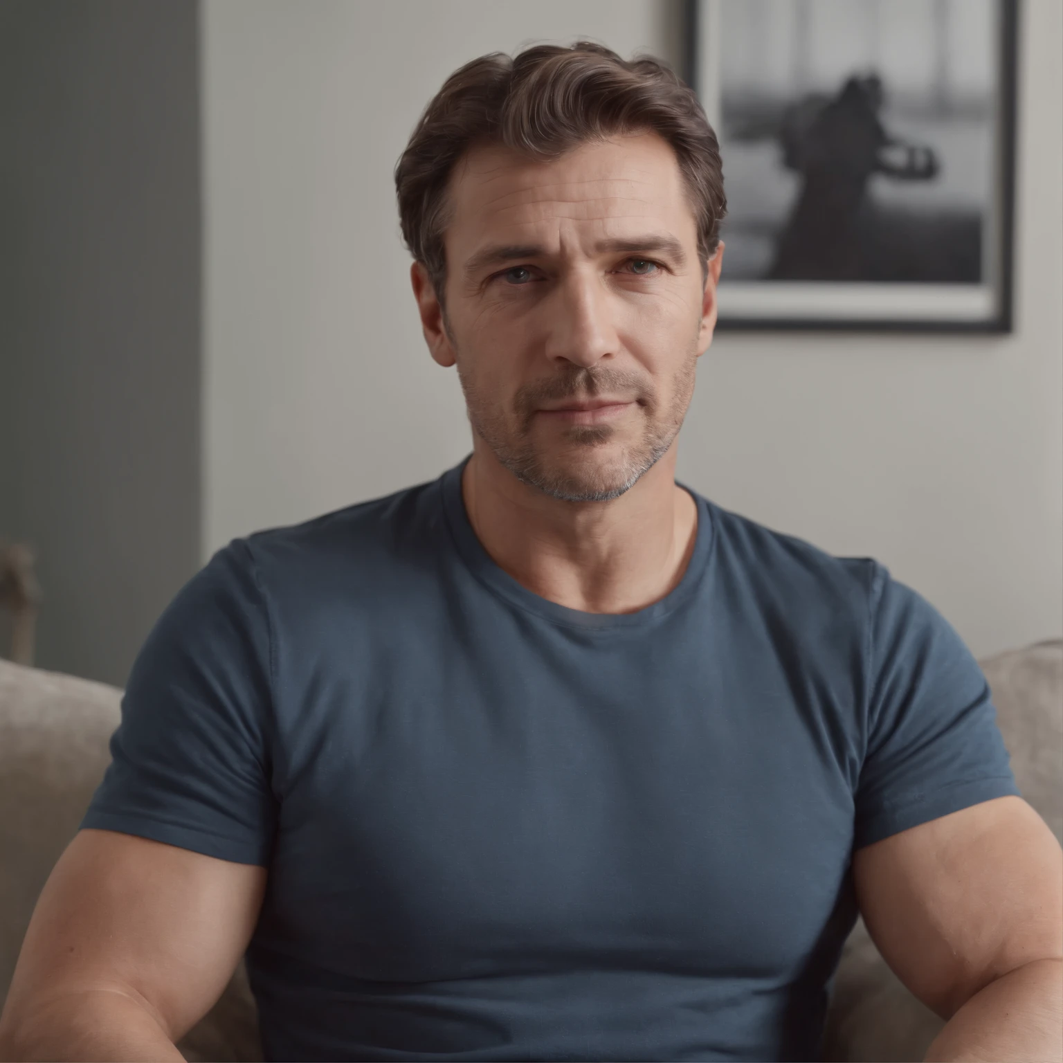 American man, middle aged Photorealistic Masterpice on sofa, wearing t-shirt,without any light, Perfect Full Body, Perfect Face, HD, distance frame