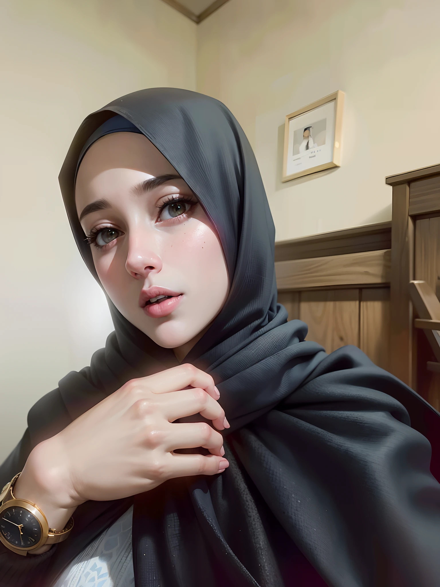 there is a woman wearing a black scarf and a watch, faridah malik, hijab, inspired by Shaddy Safadi, close up potrait, shawl, zenra taliyah, white hijab, inspired by Fathi Hassan, wearing black robe, leaked photo, sie boob, serena malyon, inspired by Riza Abbasi, 30 years old woman