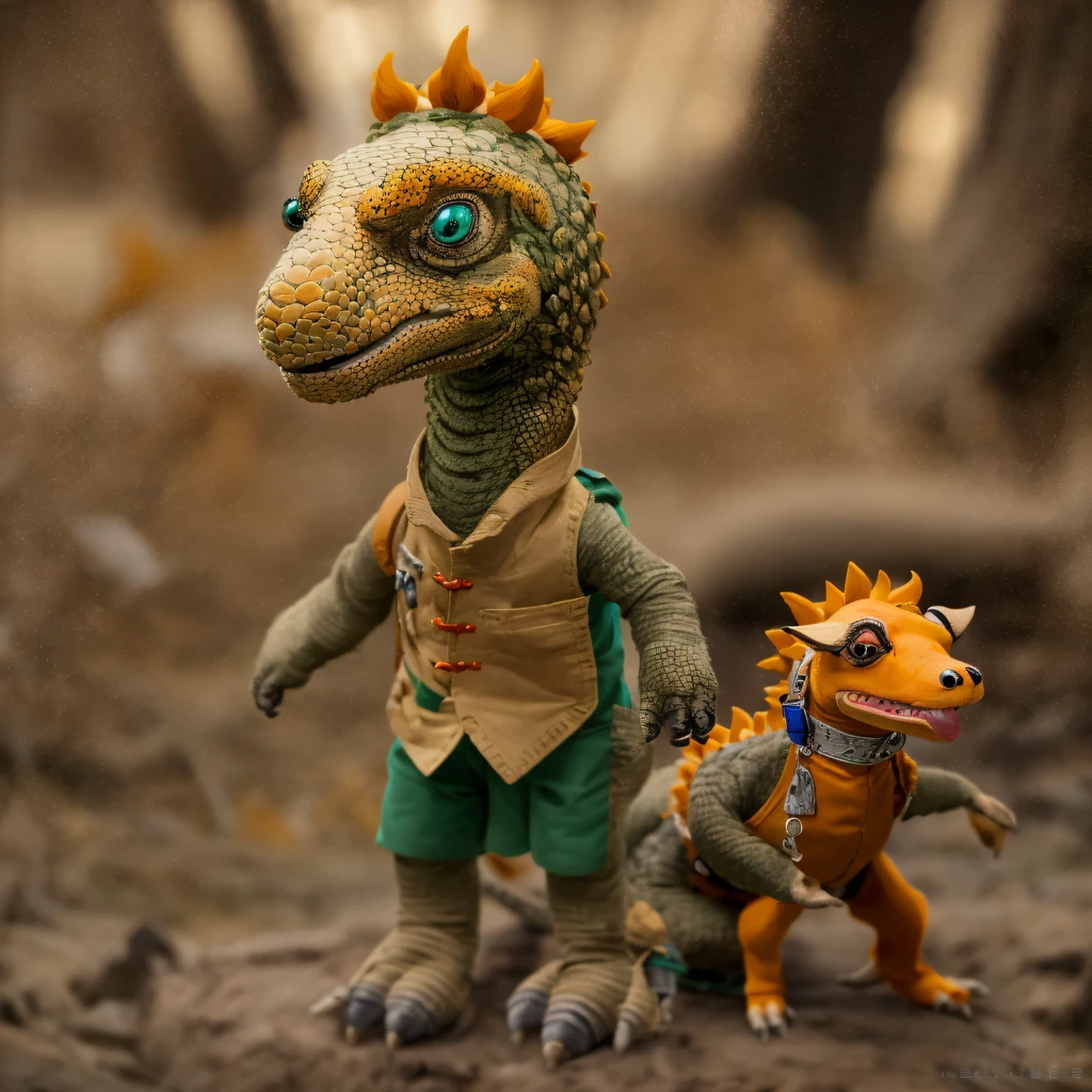 Monitor lizard 32K,Phoenix Immortal Demon Realm, Chance encounter with Liu Hanshu,tmasterpiece, Better quality, Still photography,muppet,There are terriers,Linen coarse rag doll holding puppet triceratops dinosaur,The animal images are super vivid and cute,sprout,intelligent,Crayon texture light doll,200 Creativity,depth of fields,Puppet dinosaurs with orange-red woolly wolves