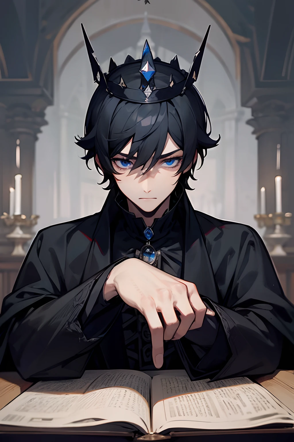 background is in a castle, man, he is a king with a crown, black crown, short black hair, blue eyes, gothic clothes, black clothes, handsome, mature, aloof, intelligent, strong, in love, detailed eyes