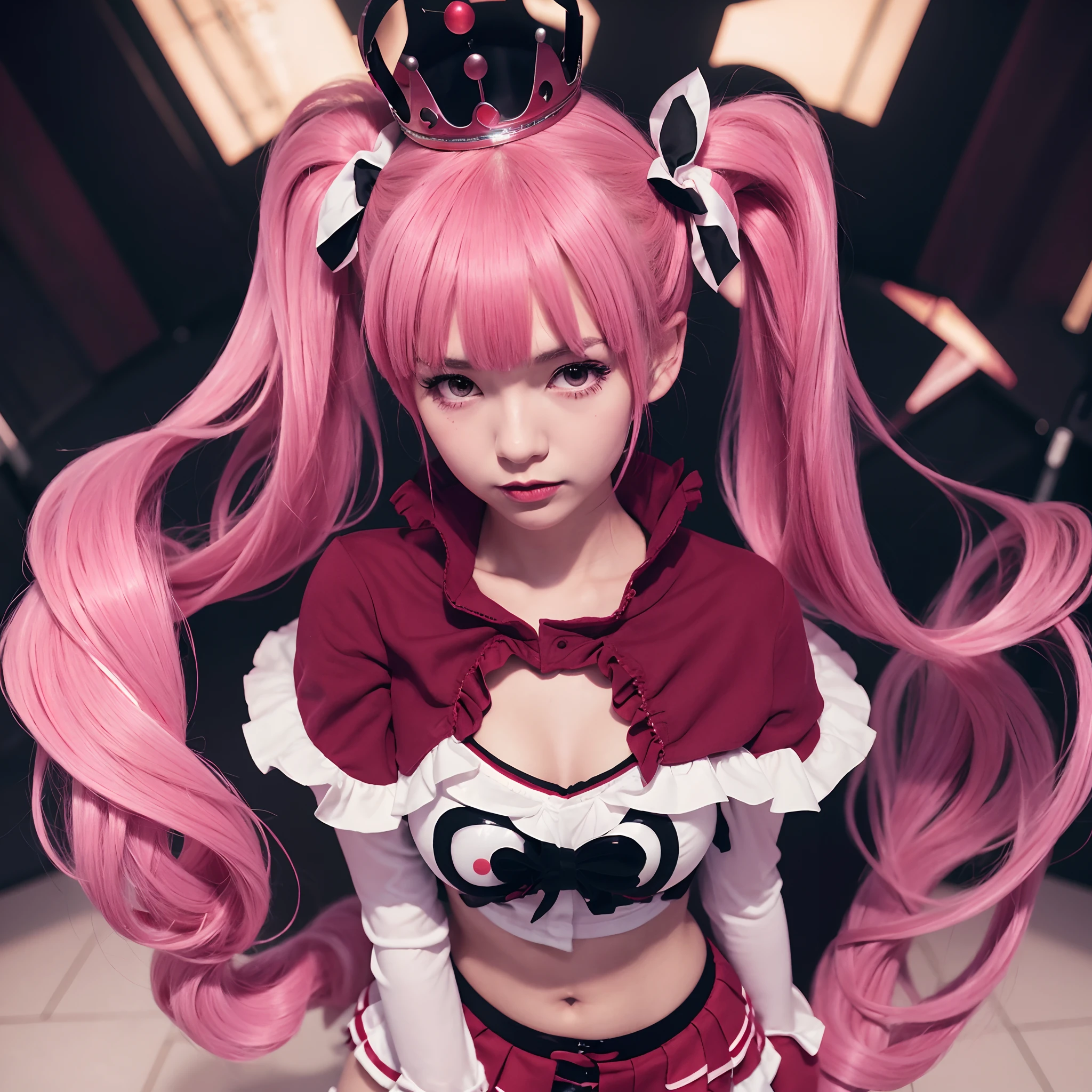 PeronaChan, 1girl, pink hair, black eyes, blunt bangs, drill hair, red lipstick, twintails, crown, black and white stockings, red boots, red capelet, white shirt with sleeves, red skirt, midriff, perfect anatomy, solo, 1girl and 1boy kabedon pov, hands on own chest