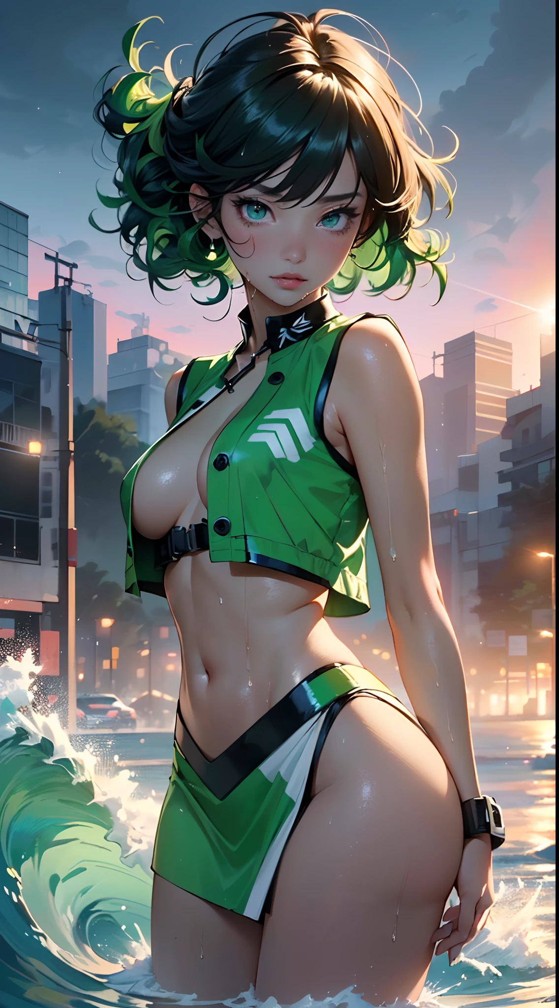 Girl Youku anchor,(((1girll))),((Extremely cute and beautiful girl with green curly hair)),
(short breasts:1.4),big assa,(((Green curls:1.35,Very curly hair,Colored inner hair,Ear breathing,Short hair))),(((Green_Eyes:1.3))),intricately detailed eyes,Beautiful detailed eyes,Symmetrical eyes,Big eyes:1.3,((Fat)),(((Glossy glossy skin:1.5,Bright Skin: 1.5,dark tanned skin,Shiny skin,very shiny skin,shining body,plastic glitter skin,exaggerated shiny skin,brightskin,Wet legs))),Detailed body,(Detailed face),
Cute,slutty,Seductive,Erotic,(((NSFW))),
zettai ryouiki,Clothing that exposes,show skin,((rave mini-skirt,visible thong straps,White loose vest,Decorated with anime art print)),((Wet clothes,intricate outfits,intricate clothes)),
(Dynamic pose:1.0),Embarrassed,(Centered,scale to fit the dimensions,Rule of thirds),
Seaside cyberpunk city at night, There are bright neon lights and dark storm clouds and puddles, scenery:1.25,
artsy photography,(photography of:SLDR),A high resolution, Sharp focus, (Ultra detailed, Extremely detailed), (realistic artwork:1.37),(Extremely detailed Cg Unity 8K wallpaper),((Synthetic wave background theme)),(((Vibrant colors))),(intricate background),(Masterpiece),(Best quality),