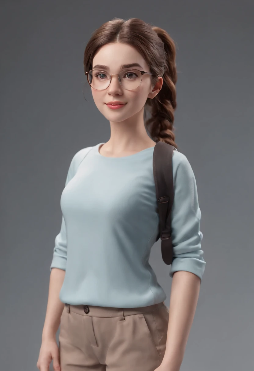 cartoon style girl full body ,brown hair with pony tail , wearing glasses, different angles, character sheet, 3d model, 4 position, side left, side right,side back,side front, social clothing.