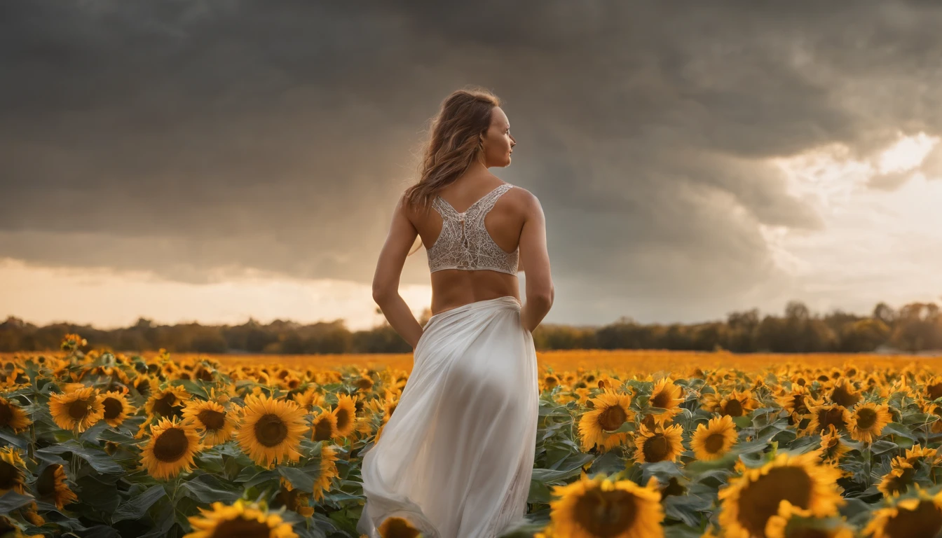 1 girl， ((raised huge round buttocks)), Wide  A sunflower field in full bloom，Back view of a woman in Translucent white thong (underwear),long shot,wide view, commercial photography，award-winning photograph，(photorealistic),unity 8k wallpaper,(ultra detailed:1.3),(light_on_face:1.4)，CanonEOS 5D MarkIV DSLR