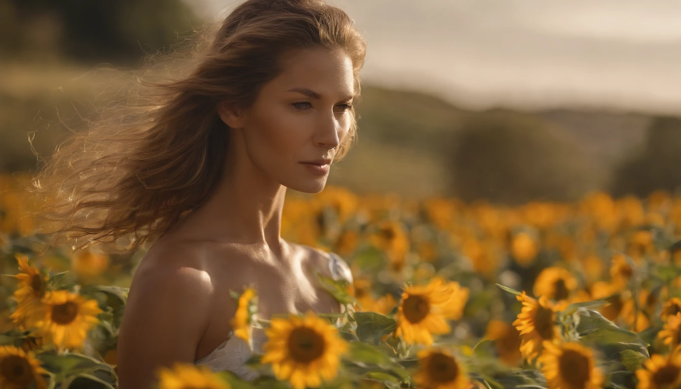 1 girl, ((raised huge round buttocks)), Wide A sunflower field in full bloom,Back view of a woman in Translucent white thong (underwear),long shot,wide view, commercial photography,award-winning photograph,(photorealistic),unity 8k wallpaper,(ultra detailed:1.3),(light_on_face:1.4),CanonEOS 5D MarkIV DSLR