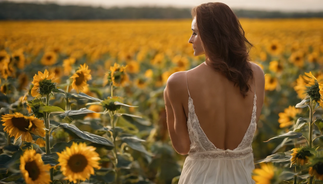 1 girl, (((raised high huge round buttocks))), Wide A sunflower field in full bloom,Back view of a woman in Translucent white thong (underwear),long shot,wide view, commercial photography,award-winning photograph,(photorealistic),unity 8k wallpaper,(ultra detailed:1.3),(light_on_face:1.4),CanonEOS 5D MarkIV DSLR
