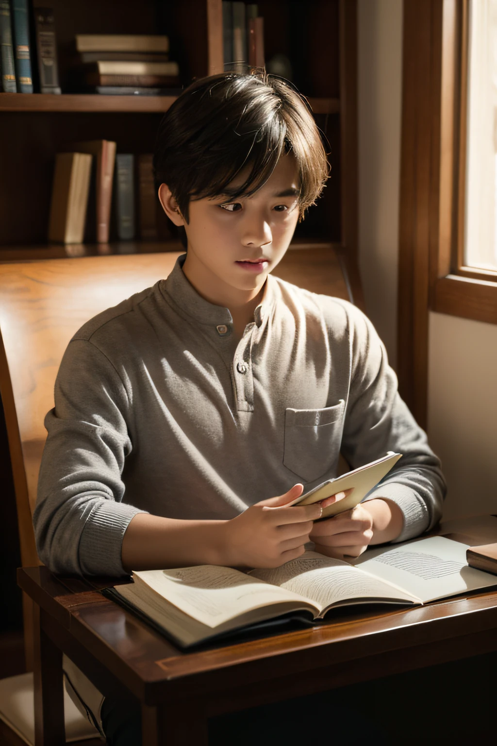 The boy sits at his desk reading a book，Head down in deep thought，The background is a globe, Cinematic. shot with canon eoa 6 d mark ii, studious chiaroscuro, still from live action movie