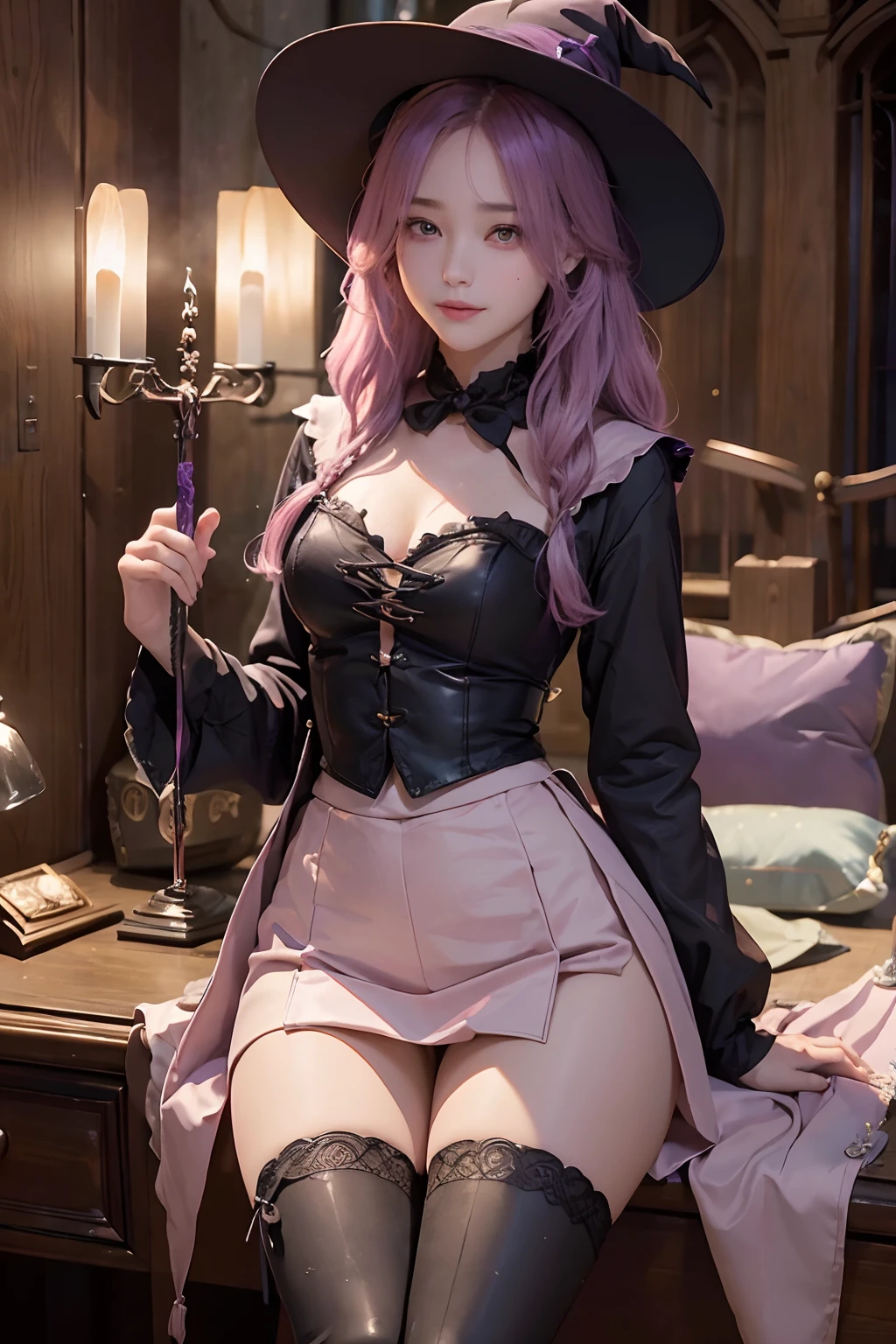 ((top-quality:1.3、8K、​masterpiece))、1girl in、Detailed Face 1:3、kawaii faces、Beautiful face、A detailed eye、a smile、Pretty Woman、full bodyesbian、the witch、magia、darkened room、A pink-haired、long boots、white-purple hair、magic wands、Magic Hat、Harry potter、Dark colored clothes、skirt by the、Less exposure、