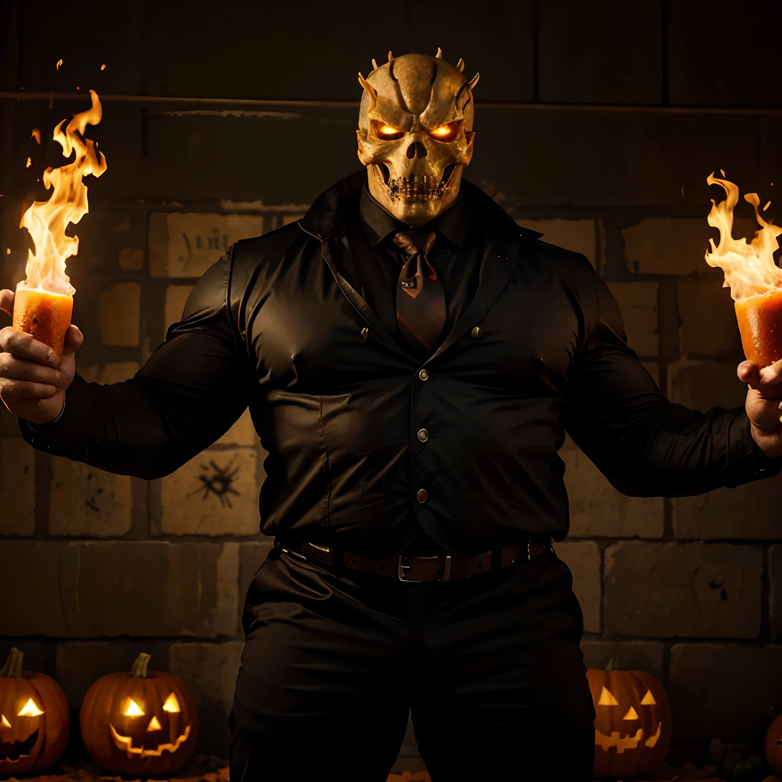 Ghost rider , muscled with huge pecs , huge torso , huge arms , with a pumpkin's halloween head with fire , in suit with a tie ans spikes