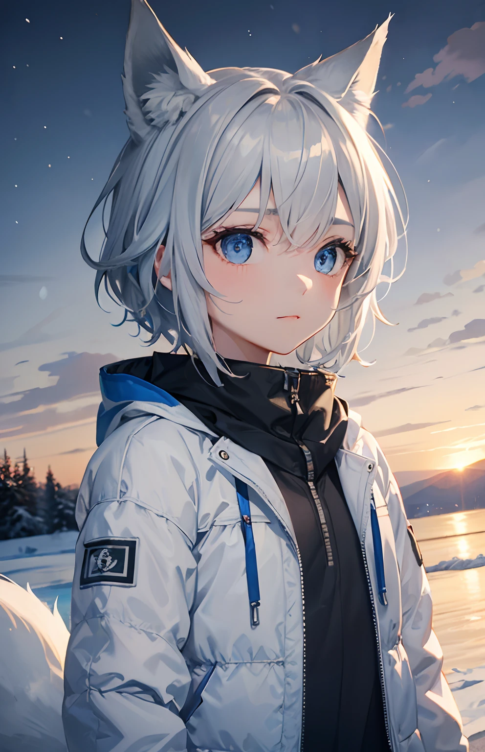 ​masterpiece,Top image quality,hight resolution,imagem 4k,Raw photo,Photorealsitic,{Solo},teens girl,silber hair,Bery short hair,stare at each other,Blue eyes,小柄,Silver fox ears,Fox tail,,Rugged face,,boyish,Russian clothes,snowscape,Winter clothes,