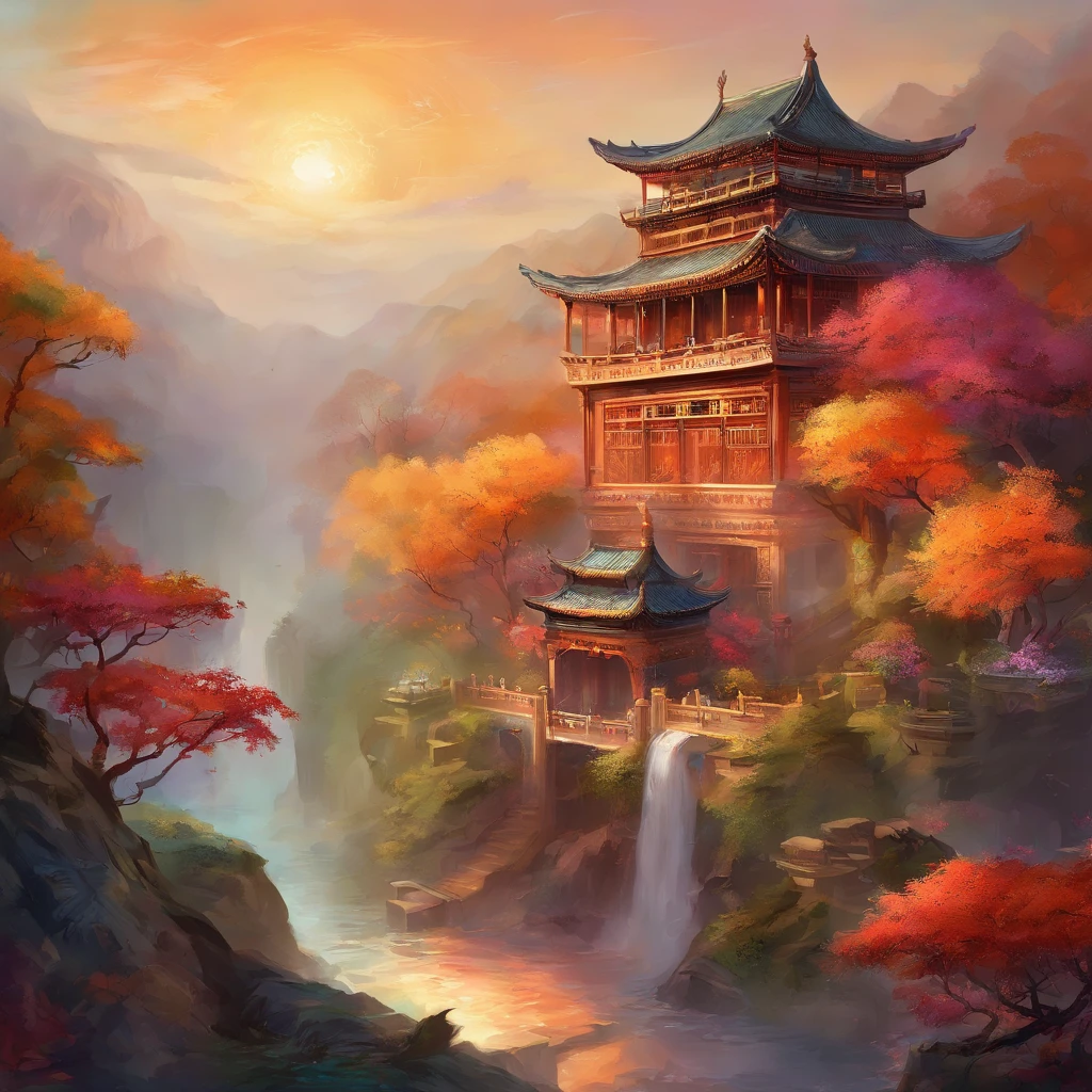 mythological creatures,fenghuang,Traditional Chinese elements,Ancient murals,Illustrative myths,Fuyao Legend,Dappled light,Hazy haze,mystical aura,tmasterpiece,k hd,Rich in color,Detailed details,Seven colors