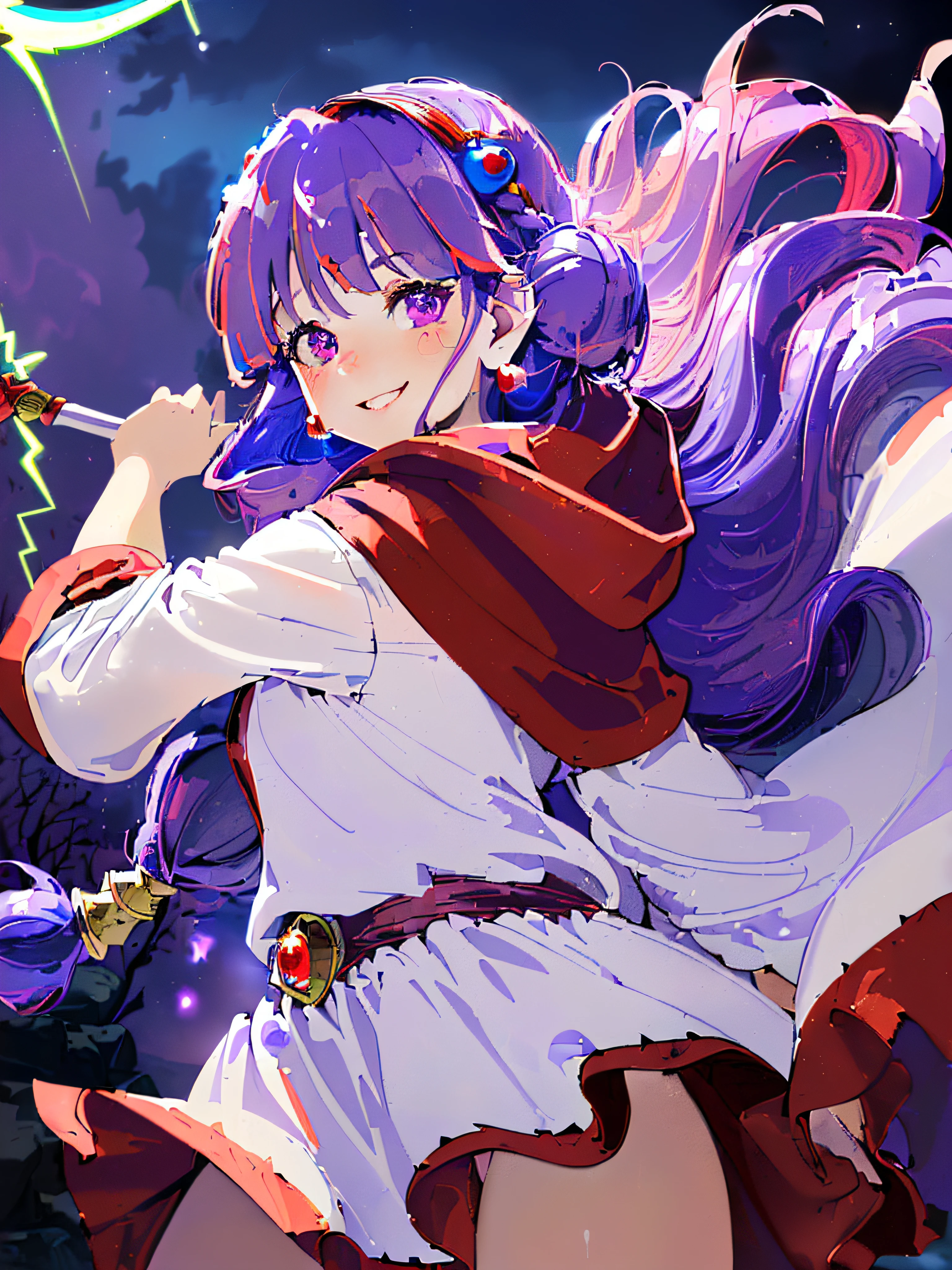 ((((Princess of Moonberg from DQ2)))), ((1little girl)), yo, (((deep purple hair))), (low twin tails), (Fluffy long hair), (Deep red eyes), ((((red hood)))), (Roto emblem drawn on hood), (((Purple-red stole))), Pearl earrings, (((White robe with red edging))), ((droopy eyes)), Holding a magic staff in her left hand, ((((Energy Volt)))),
((at cave)),
photographrealistic, Sense of depth, Absurd resolution, High resolution, 8K, 4K, detail, Best Quality, (Raw photo, Best Quality, masters:1.2), (Realistic, Photorealsitic:1.37), ultra-detailliert,
Smile, Looking at the camera, full-face blush, Mouth open, (Provocative appearance), Angle from below, (Full body shot),