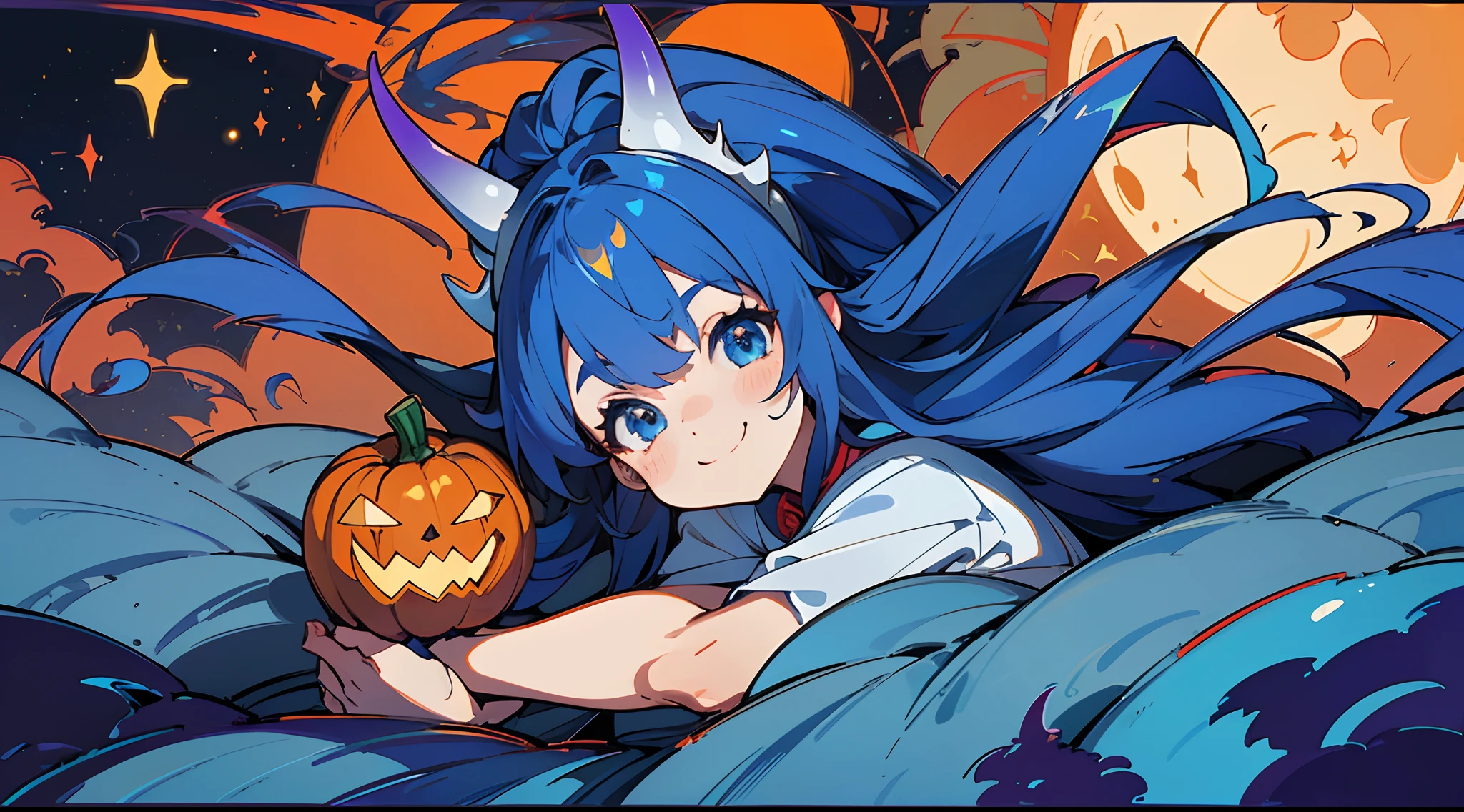 (The skin is not exposed, Small Devil,tusk), 8k,(Solo), Kawaii Girl (1), Halloween castle in the background, pumpkins, the bats,Shining moonlit night,((Shiny blue super long hair, Shines)), (Faces are very close,Super smile), (Blue eyes), (Detail Objects)、