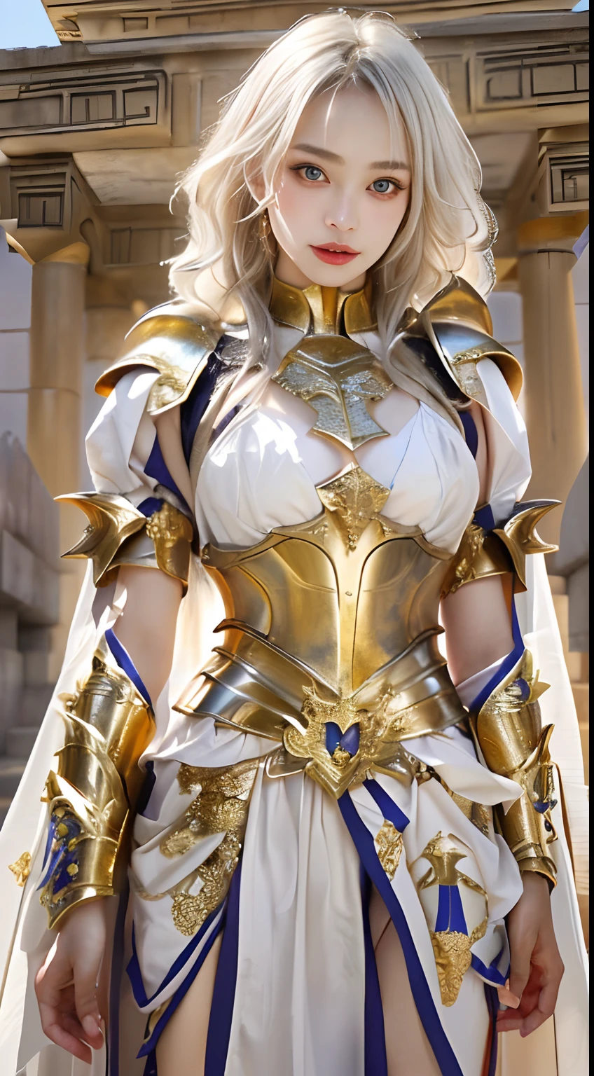 (top-quality), Realistic, (real picture, Intricate details), ((golden armor, armor dress, delicately decorated armor, puff sleeve)), small chest:1.4, (Japanese college girl), ((standing in Greek Temple In the desert)), ((intelligent face, neat face:1.1, parted lips)), (Fair skin), wavy white hair, long hair, cinematic lighting