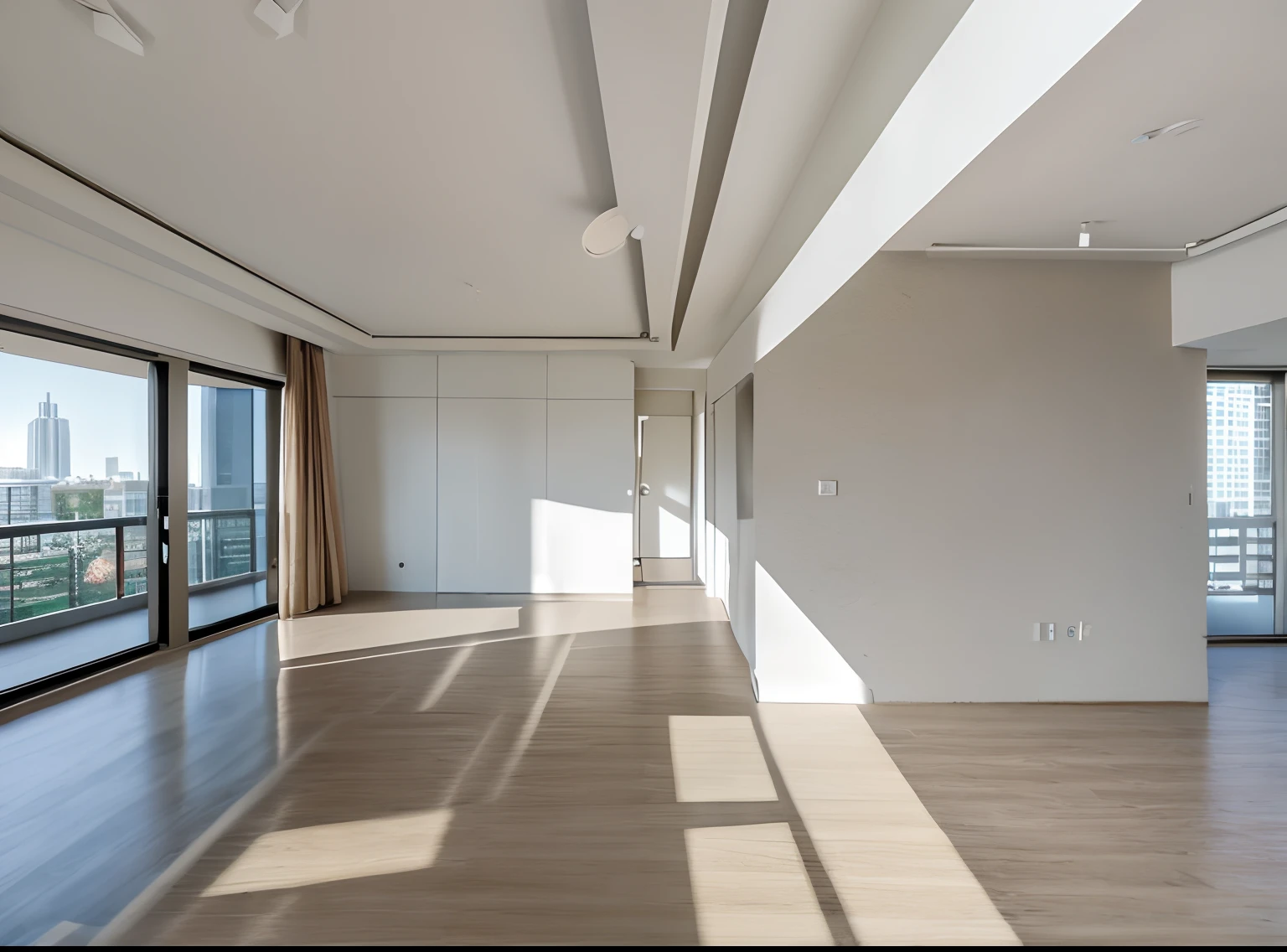 Modern high-rise apartment with a contemporary living room featuring a sofa, coffee table, and dining table. The space is bathed in bright and soft daylight, creating an inviting and comfortable atmosphere. 8K raw photo, masterpiece, best quality, minimalist design, neutral color palette, clean lines, elegant furniture, spacious layout, large windows, city view, natural materials, comfortable seating, detailed decor.