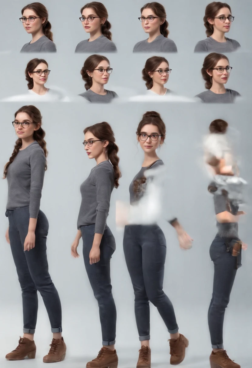 cartoon style girl full body ,brown hair with pony tail , wearing glasses, different angles, character sheet, 3d model, 4 position, side left, side right,side back,side front, social clothing, clothing black.