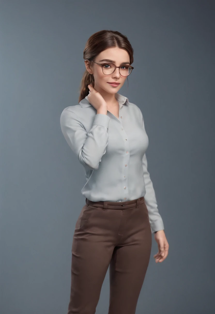 cartoon style girl full body ,brown hair with pony tail , wearing glasses, different angles, character sheet, 3d model, 4 position, side left, side right,side back,side front, social clothing, clothing black.