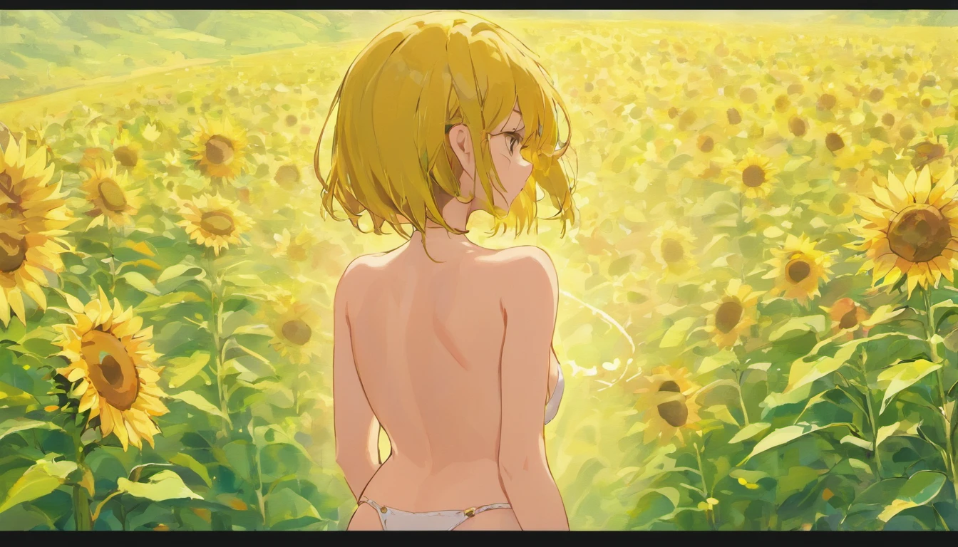 1 girl， ((raised huge round buttocks)), Wide  A sunflower field in full bloom，Back view of a woman in Translucent white thong (underwear),long shot,wide view, commercial photography，award-winning photograph，(photorealistic),unity 8k wallpaper,(ultra detailed:1.3),(light_on_face:1.4)，CanonEOS 5D MarkIV DSLR