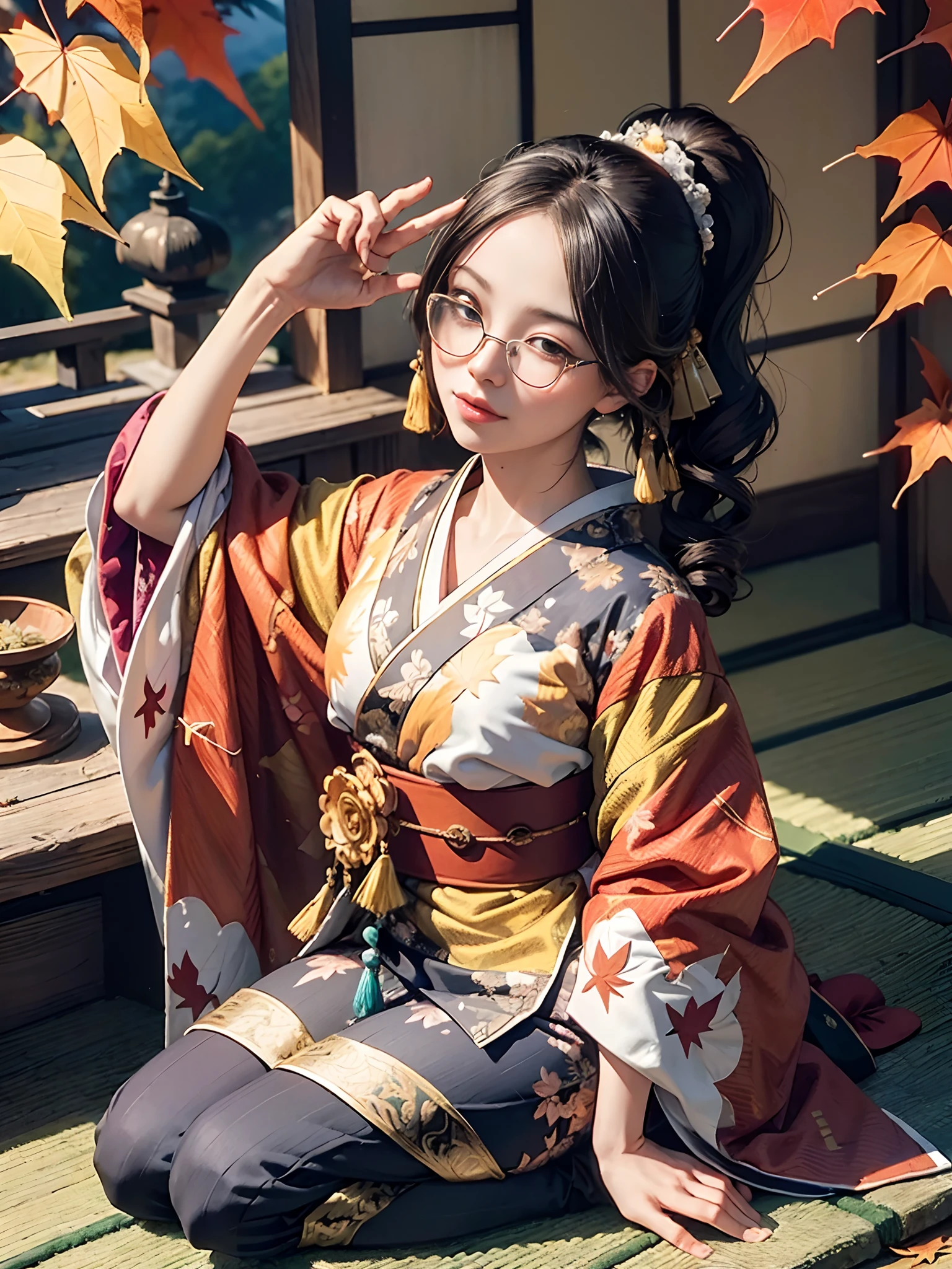 (Rococo:1.5)Background of details(the morning sun(mountainscape))(Kyoto in Japan(Colored leaves:1.5)),BREAK ,elaborate costume(Luxury kimono(Colorful kimono(detailed embroidery()))),BREAK,1 Beautiful and classy adult woman(Japanese actressl:1.2)(glossy dark hair(poneyTail:1.2)),(eye glass:1.5),(Arms outstretched),BREAK,Wallpapers 16K,Blur the background,(masutepiece:1.5), (Best Quality:1.5),(Portrait photos:1.5),(full body Esbian:1.5)