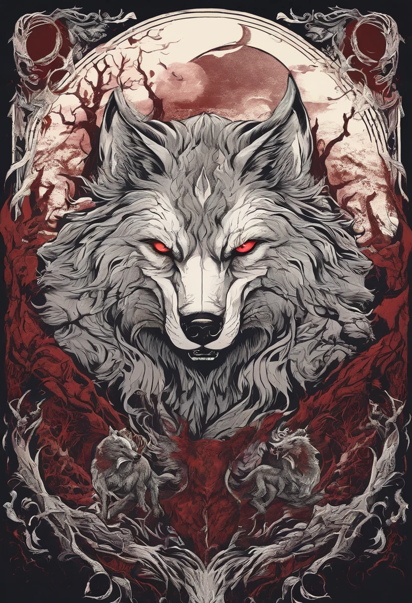 fantasy set image,duality,Dire werewolf,dark and light contrast,alpha wolf,fierce expression,bloody fangs,muscular body,full moon,dense forest,mist-filled background,wolves howling in the distance,ominous atmosphere,golden eyes,powerful physique,giant werewolf,duality of good and evil,shadows and light,nightmare fantasy,gritty and surreal,mythical creatures,sharp claws,menacing presence,blood-red eyes,majestic and terrifying,ominous sky and stormy clouds,savage and untamed,wolf pack hunting,moonlit silhouette,dark magic,duality of human and beast,moonlit transformation,blood-soaked fur,ferocious rampage,howling madness,conflict and struggle,transcendence of chaos and order,eerie aura,dark fantasy epic,clashing forces of nature,inner beast unleashed