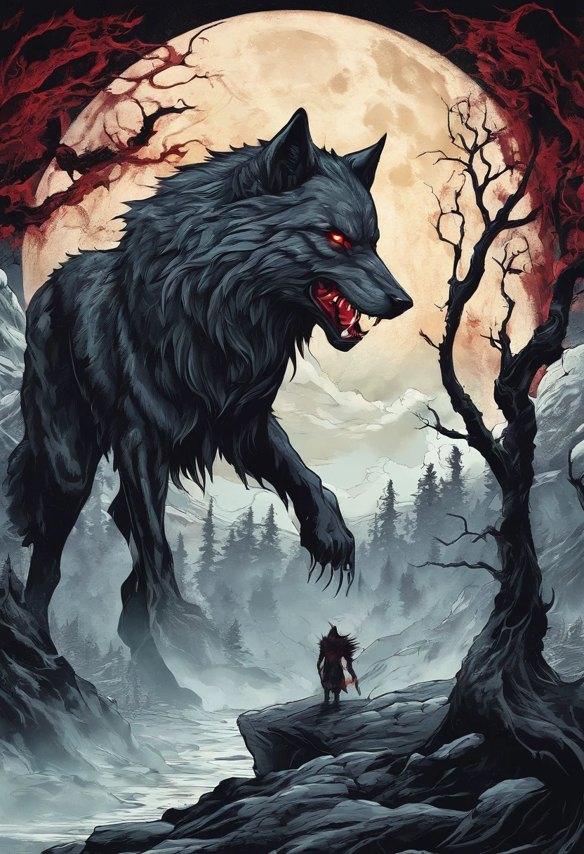 fantasy set image,duality,Dire werewolf,dark and light contrast,alpha wolf,fierce expression,bloody fangs,muscular body,full moon,dense forest,mist-filled background,wolves howling in the distance,ominous atmosphere,golden eyes,powerful physique,giant werewolf,duality of good and evil,shadows and light,nightmare fantasy,gritty and surreal,mythical creatures,sharp claws,menacing presence,blood-red eyes,majestic and terrifying,ominous sky and stormy clouds,savage and untamed,wolf pack hunting,moonlit silhouette,dark magic,duality of human and beast,moonlit transformation,blood-soaked fur,ferocious rampage,howling madness,conflict and struggle,transcendence of chaos and order,eerie aura,dark fantasy epic,clashing forces of nature,inner beast unleashed