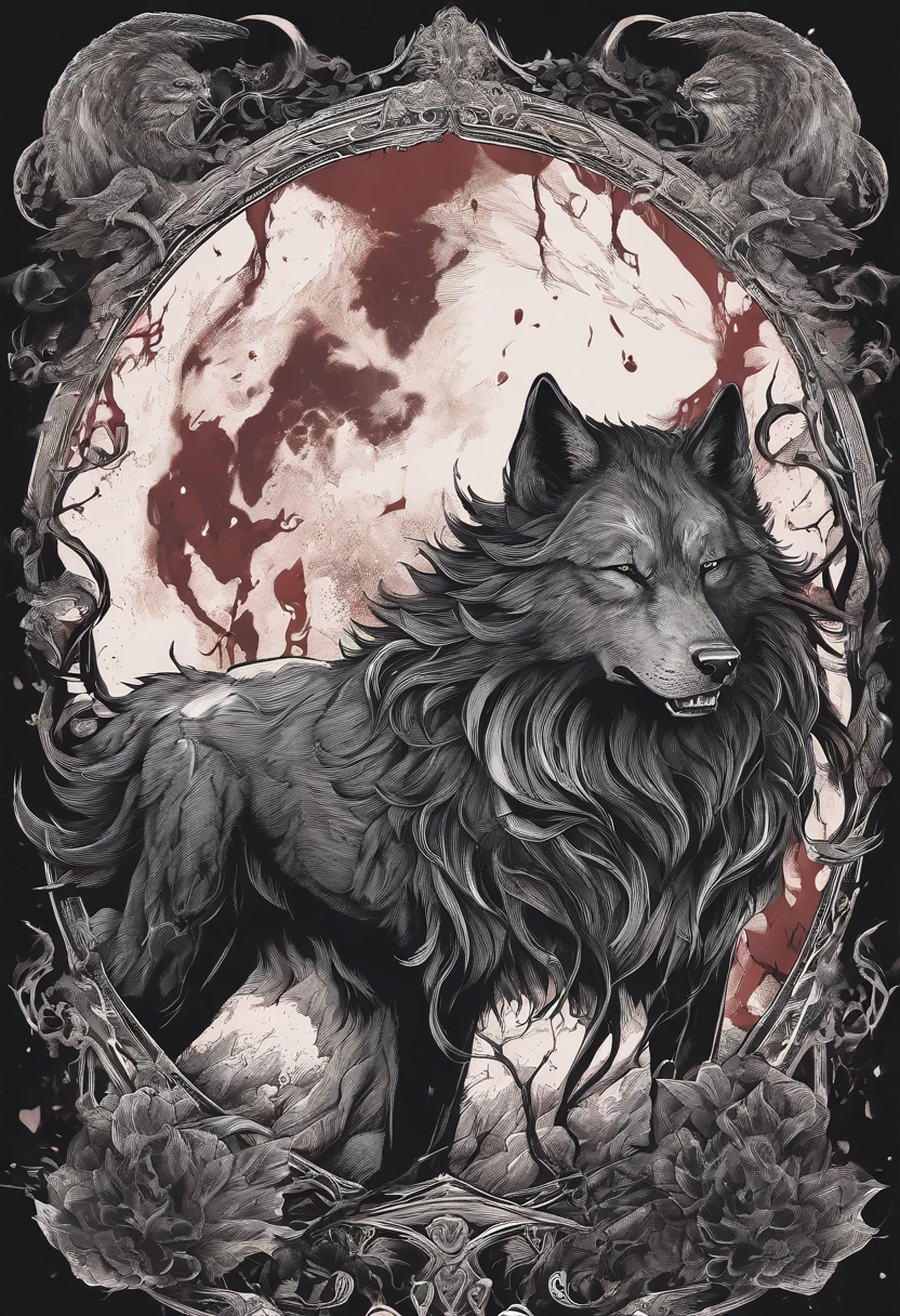 fantasy set image,duality,Dire werewolf,dark and light contrast,alpha wolf,fierce expression,bloody fangs,muscular body,full moon,dense forest,mist-filled background,wolves howling in the distance,ominous atmosphere,golden eyes,powerful physique,giant werewolf,duality of good and evil,shadows and light,nightmare fantasy,gritty and surreal,mythical creatures,sharp claws,menacing presence,blood-red eyes,majestic and terrifying,ominous sky and stormy clouds,savage and untamed,wolf pack hunting,moonlit silhouette,dark magic,duality of human and beast,moonlit transformation,blood-soaked fur,ferocious rampage,howling madness,conflict and struggle,transcendence of chaos and order,eerie aura,dark fantasy epic,clashing forces of nature,inner beast unleashed