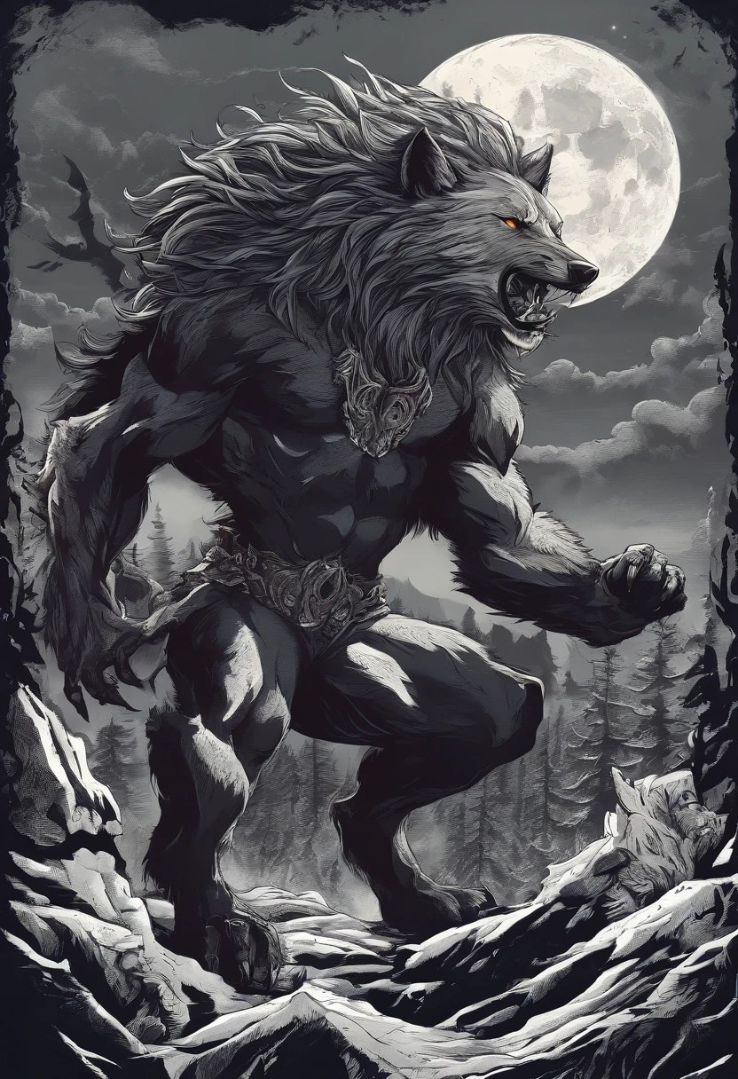 fantasy set image,duality,Dire werewolf,dark and light contrast,alpha wolf,fierce expression,bloody fangs,muscular body,full moon,dense forest,mist-filled background,wolves howling in the distance,ominous atmosphere,golden eyes,powerful physique,giant werewolf,duality of good and evil,shadows and light,nightmare fantasy,gritty and surreal,mythical creatures,sharp claws,menacing presence,blood-red eyes,majestic and terrifying,ominous sky and stormy clouds,savage and untamed,wolf pack hunting,moonlit silhouette,dark magic,duality of human and beast,moonlit transformation,blood-soaked fur,ferocious rampage,howling madness,conflict and struggle,transcendence of chaos and order,eerie aura,dark fantasy epic,clashing forces of nature,inner beast unleashed