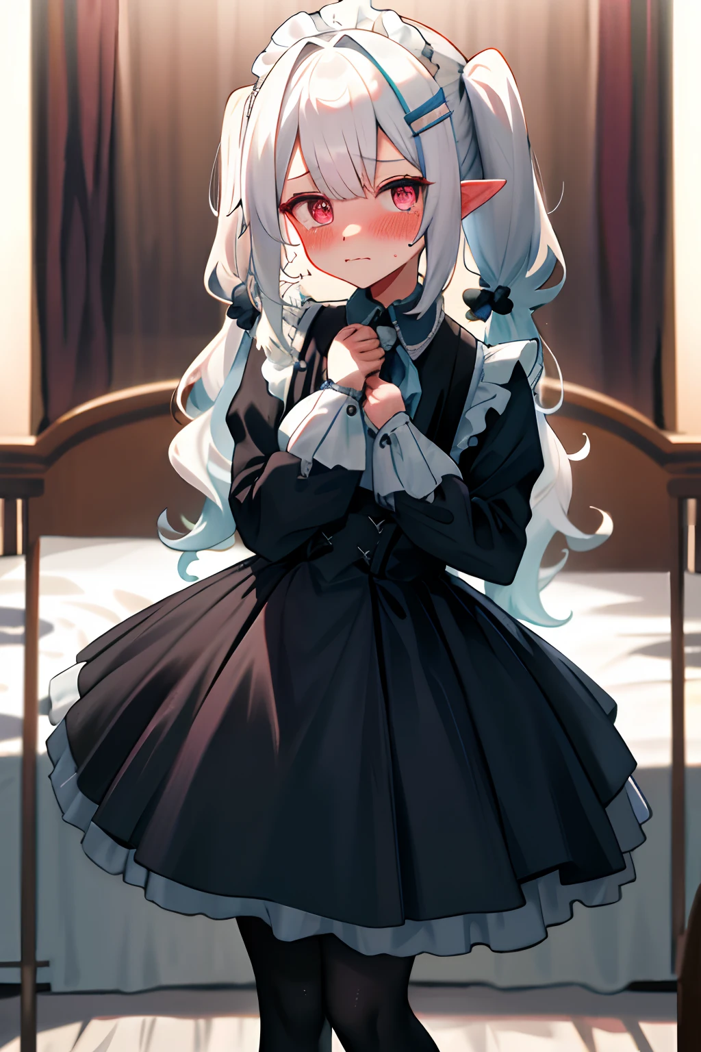 One girl with pigtails wavy hair, white hair, looking at viewer, embarrassed, blushing, tears, indoor , maid dress, black maid dress, puff long sleeves, pointy ears, perfect waist, bed, night atmosphere, hair ornament, standing, pantyhose