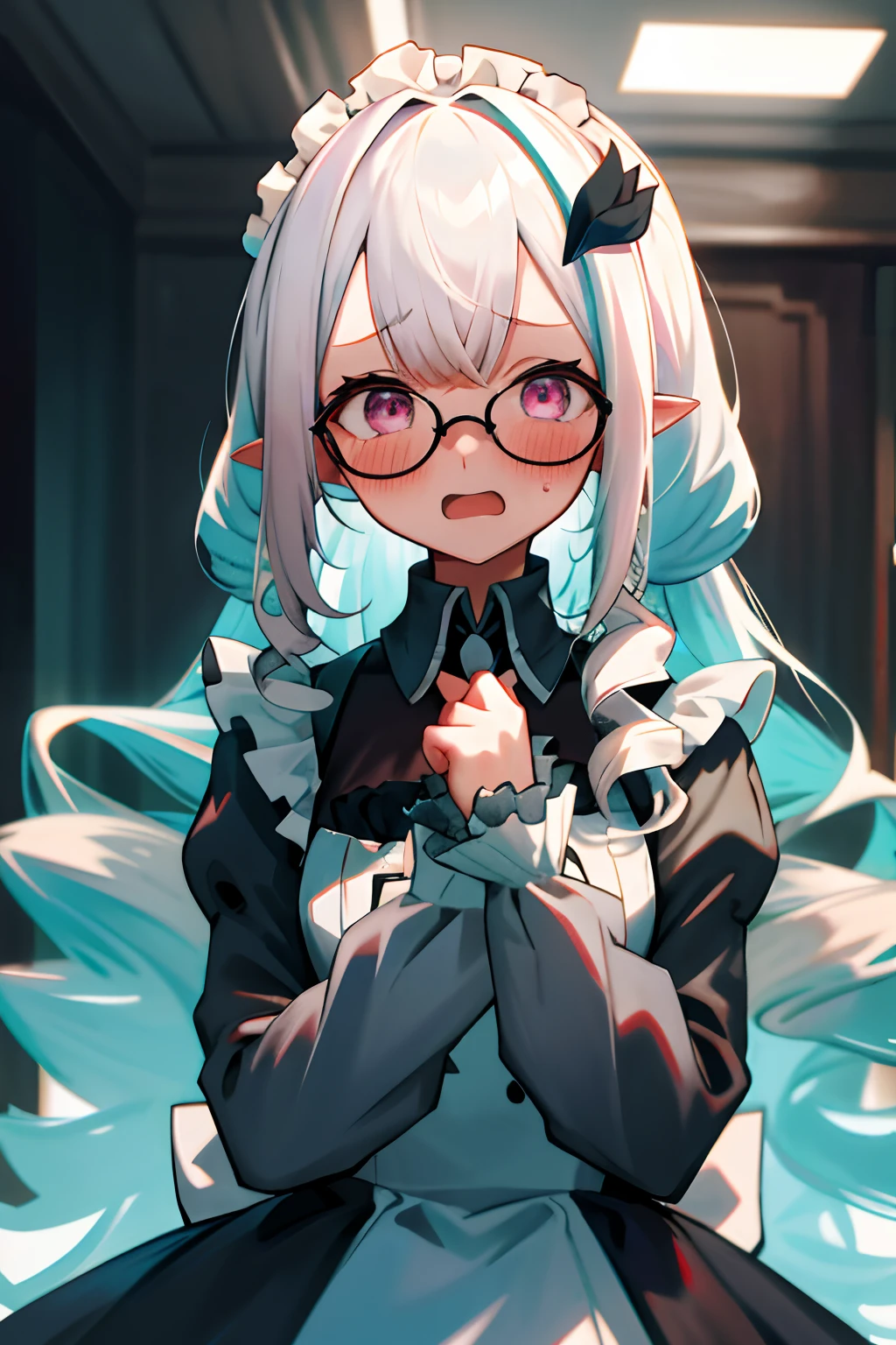 sucking dick, blowjob, 1 girl, open mouth, saliva, drooling, wet, cum on mouth, cum on tongue, cum on face, big boobs, big ass, big thighs, blush, crossed-eyes, front view, looking at the viewer, milf, ahegao, rolling eyes, tongue, elf, glasses