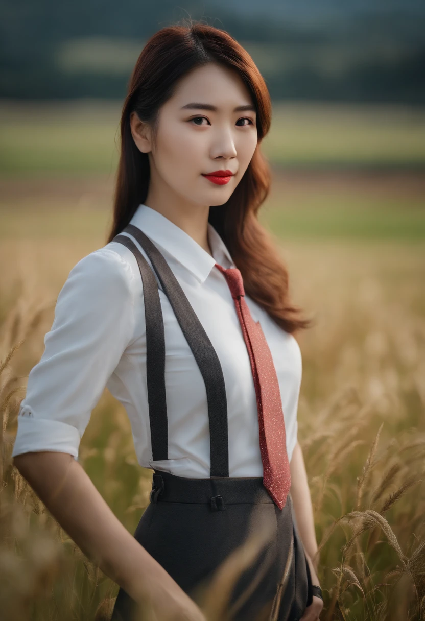 there is a woman with a red tie standing in a field, soft portrait shot 8 k, a young asian woman, shot on canon eos r5, shot on canon eos r 5, taken with canon eos 5 d mark iv, portrait shot 8 k, taken with canon 5d mk4, taken with sony alpha 9, portrait of a japanese , bare tits,