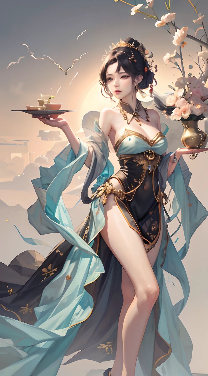 Chinese beautiful woman,Goddess of costume,Extremely beautiful face,Enchanting figure,Silky clothes,Full moon,Brilliant nebula,Colorful flowers of various colors,A little white rabbit,(light and shadow effect),(Movie lighting),rendering by octane,(Unreal 5),(Masterpiece),(8k wallpaper),(Master works of painting),photorealestic,realisticlying