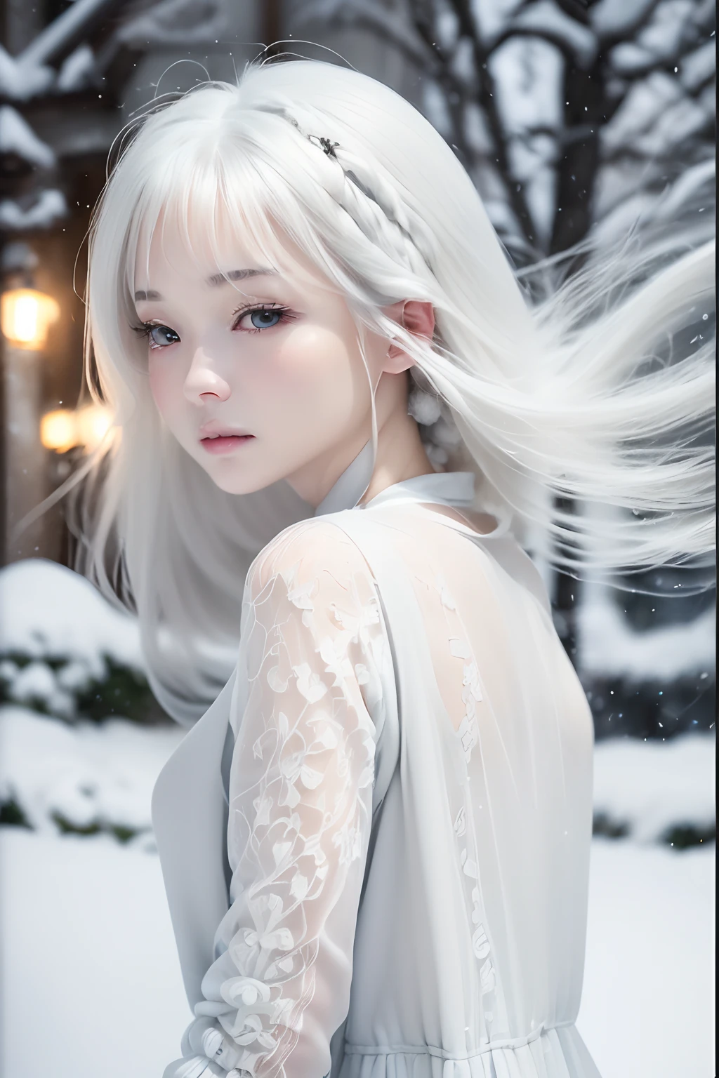 top-quality、masuter piece、ultra-detailliert、8k、独奏、((8K, RAW Photos, of the highest quality, Masterpieces), high definition RAW color photos professional close-up photos, (Realistic, Photorealism: 1.37),parfect anatomy,1人の女性,(((Beautiful white hair、Beautiful gray eyes)))、(((White Snow World,Snow Fairy,Snow in the wind))),White luxury dress、Aristocratic dresses、thin fabric dresses、ulzzang -6500-v1.1:0.2, Shy, (The Flash:1.2), (arms behind back:1.2), ((Good anatomy: 1.2)), ((Bright flower garden , the background is blurred: 1.2))、Winters、Snow World、snow blowing、