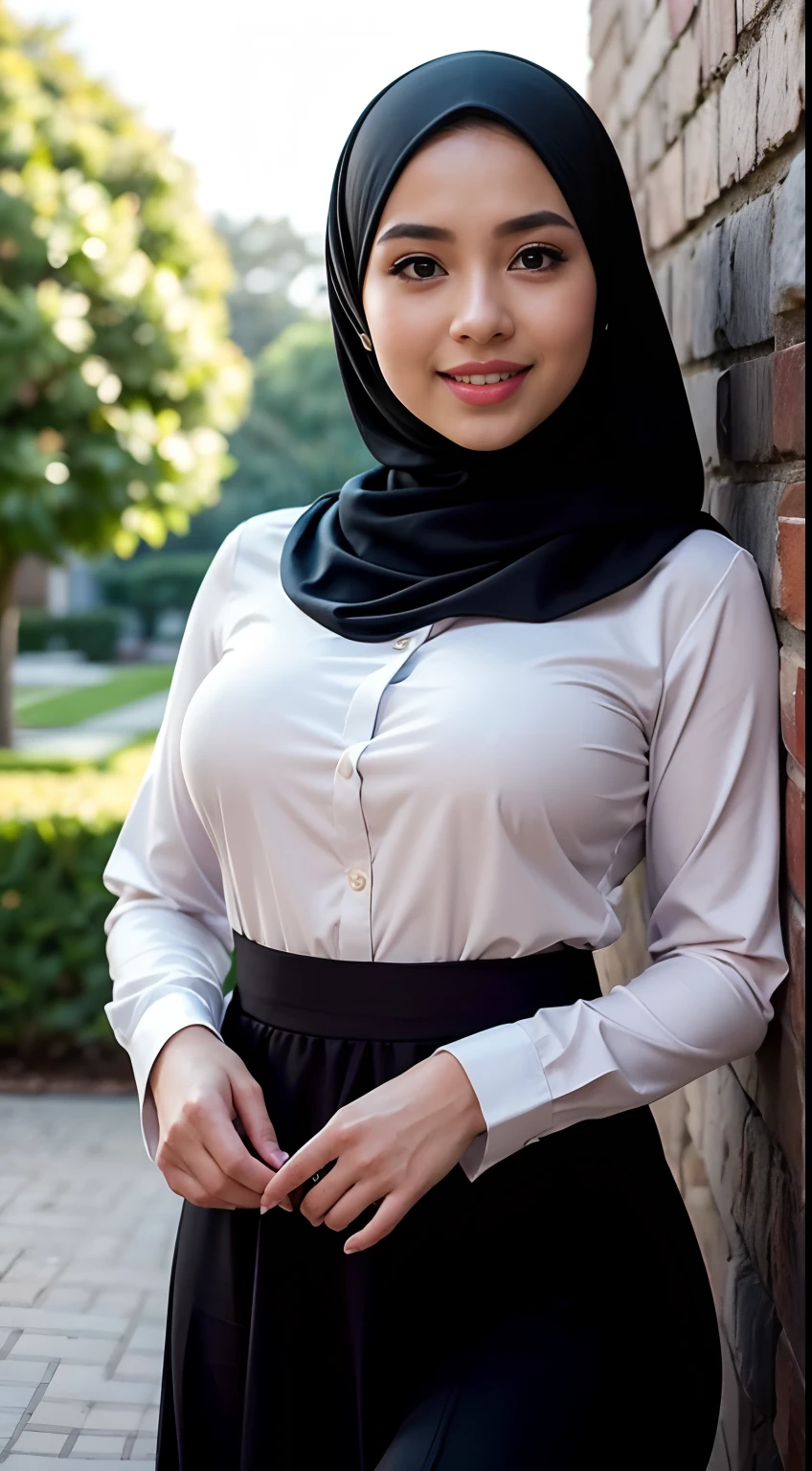 RAW, Best quality, high resolution, Masterpiece: 1.3), Beautiful Malay woman in hijab, Masterpiece, Perfect slim body, ((Big breasts)), Beautiful big eyes, water eyes, Soft smile,hijab, (formal shirt), white shirt, longsleeve, cover the body, (black long skirt), pencil skirt, black background, (extremely detailed skin, extremely detailed hijab),morning time, laughing, happy, bright sunlight, flower garden path, blurred background, bokeh,