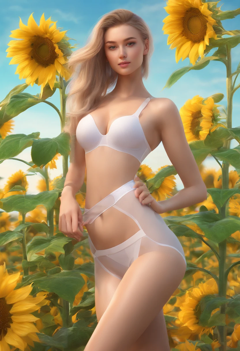 1 girl， ((raised huge round buttocks)), Wide  A sunflower field in full bloom，Back view of a woman in Translucent white thong (underwear),long shot,wide view, commercial photography，award-winning photograph，(photorealistic),unity 8k wallpaper,(ultra detailed:1.3),(light_on_face:1.4)，CanonEOS 5D MarkIV DSLR