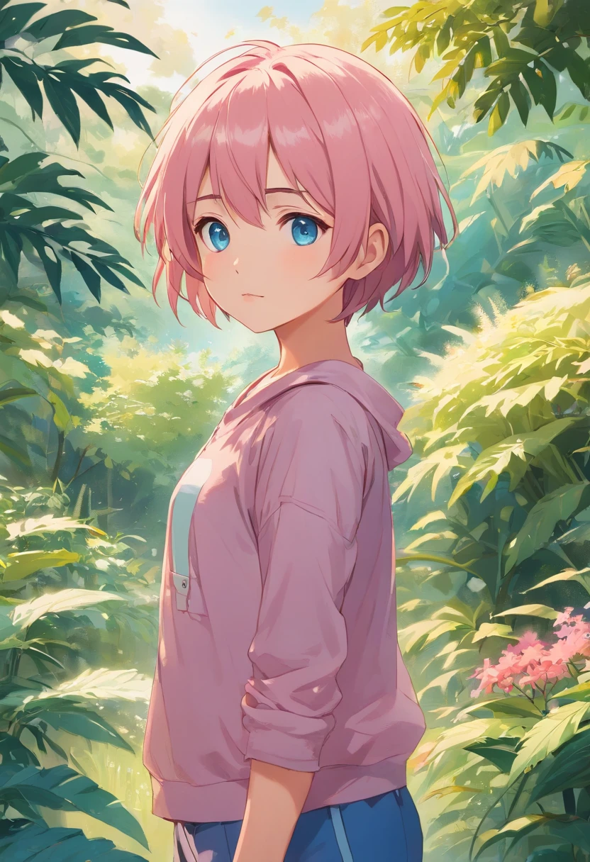 6 year old pink haired boy standing in the garden, hightquality, clear focus (top-quality) (detailedskin: 1.3) (intricate detailes) (8K) (Eye Detail) (foco nítido), (scared) (Various poses) drawing((super detailed), #3b4195 background, Beautiful flowers, berries, ferns, Leaves, Watercolor pattern in calm colors), (Watercolor texture), ((1 girl), Blonde short hair, Cute,(((Brown skin))),Blue eyes,Short stature, Compact body,