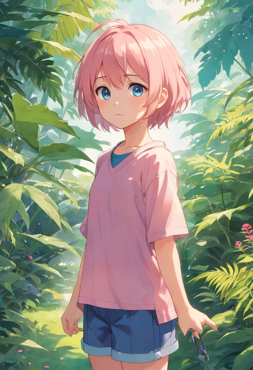 6  pink haired boy standing in the garden, hightquality, clear focus (top-quality) (detailedskin: 1.3) (intricate detailes) (8K) (Eye Detail) (foco nítido), (scared) (Various poses) drawing((super detailed), #3b4195 background, Beautiful flowers, berries, ferns, Leaves, Watercolor pattern in calm colors), (Watercolor texture), ((1 girl), Blonde short hair, Cute,(((Brown skin))),Blue eyes,Short stature, Compact body,