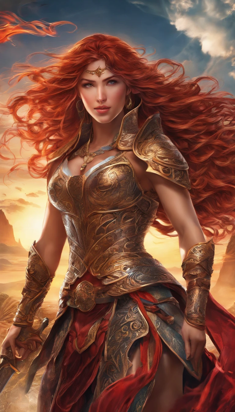 Tall muscled defined woman, detailed armor, red and gold engraved leather Cuirass, intricate designs on the Cuirass, intricate Cuirass engravings, imposing and powerful stance, fierce expression, red wild mane braided hair, dynamic pose, intense battle scene, fantasy setting, vibrant colors, dramatic lighting, epic atmosphere, mythical creatures in the background, magical effects surrounding the sword, attention to anatomy and facial features, iconic use of highlights and shadows, capturing emotion, masterful composition, portraying strong female characters. (best quality, 4k resolution, highres, ultra-detailed, photorealistic:1.37), HDR lighting, studio-quality rendering, professional-quality artwork based on yoshitaka amano work.