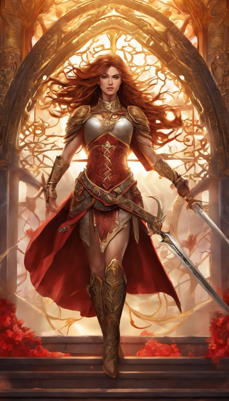 Tall muscled defined woman, detailed armor, red and gold engraved leather Cuirass, intricate designs on the Cuirass, intricate Cuirass engravings, imposing and powerful stance, fierce expression, red wild mane braided hair, dynamic pose, intense battle scene, fantasy setting, vibrant colors, dramatic lighting, epic atmosphere, mythical creatures in the background, magical effects surrounding the sword,  attention to anatomy and facial features, iconic use of highlights and shadows, capturing emotion, masterful composition, portraying strong female characters. (best quality, 4k resolution, highres, ultra-detailed, photorealistic:1.37), HDR lighting, studio-quality rendering, professional-quality artwork based on yoshitaka amano work.