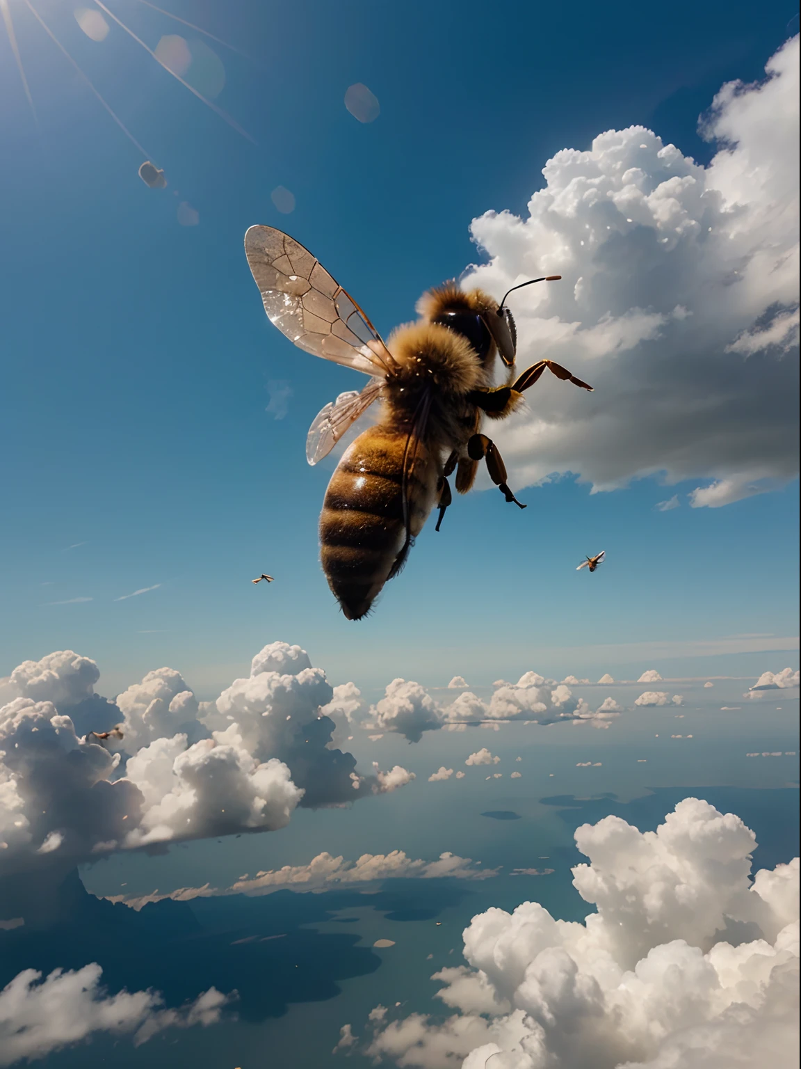 Honey bee flying in sky clouds, in heaven