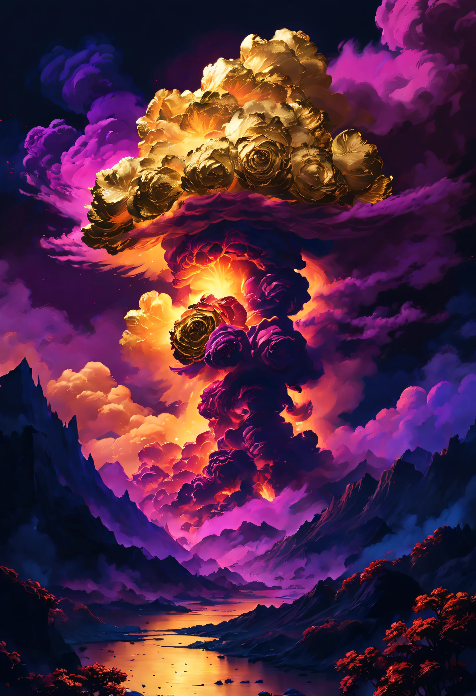 (purpleish color，em cor azul escuro，golden colored,Color scheme:1.4)(Best quality,4K,8K,A high resolution,Masterpiece:1.2),Radiation and volcanic eruptions, ((Smoke similar in shape to roses))In the crater， creating a surreal ambiance. Bask in moonlight, Volcanic eruptions cast an eerie glow on the swirling smoke in the air. Pixel art