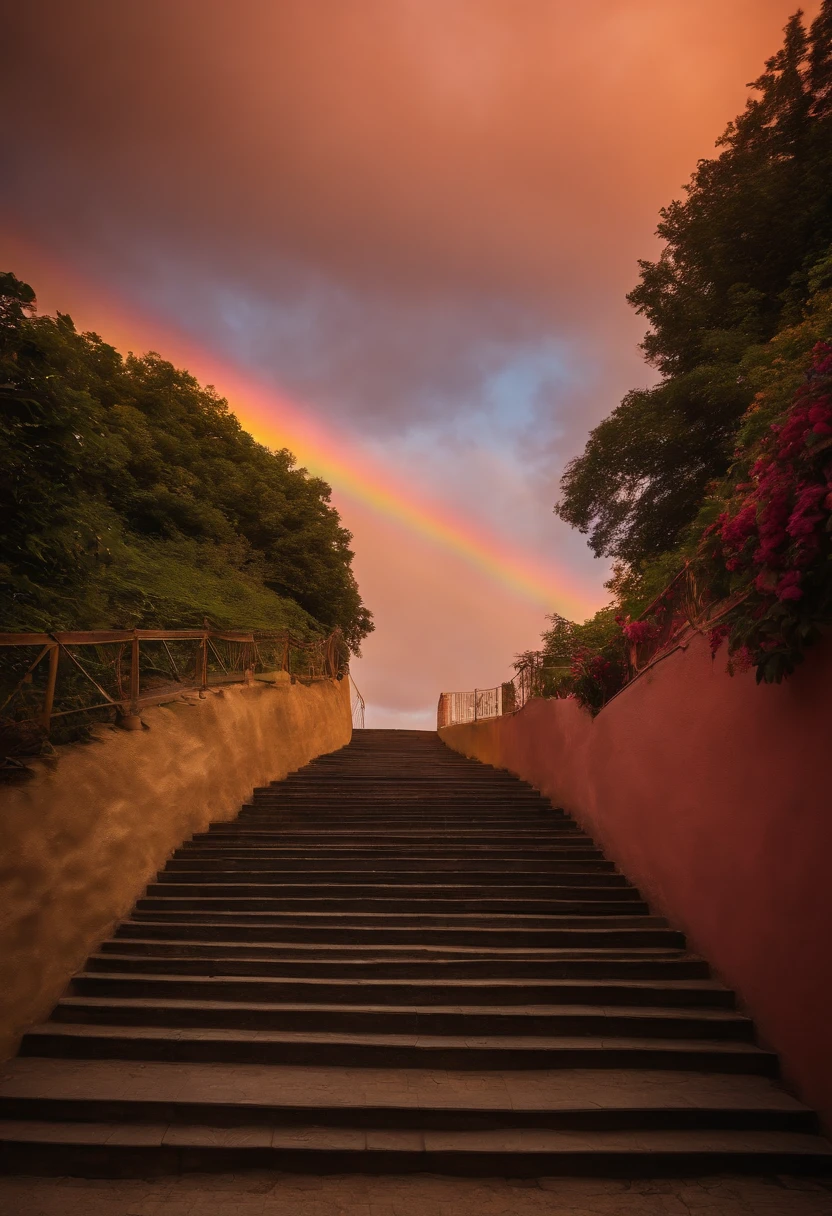 Close-up of the stairs leading to the rainbow sky, stairway to heaven, A very colorful heaven, stairs from hell to heaven, Leading to the Sky, Rainbow clouds, Colors of Heaven, Rainbow Trail, Colorful sky, Rainbow clouds, Heaven!!!!!!!!, rainbow, Rainbow colors, Psychedelic sky, In beautiful colors, Irridescent color, colorful dream, colorful skies