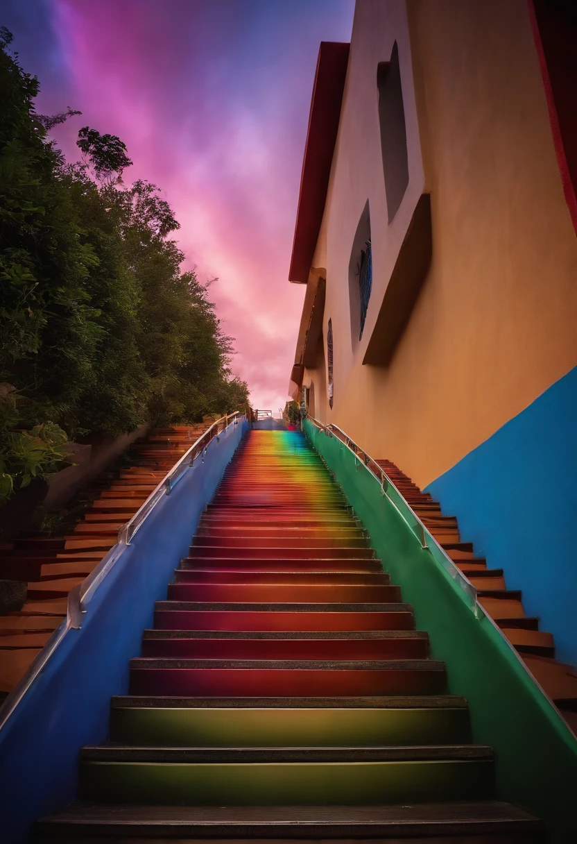 Close-up of the stairs leading to the rainbow sky, stairway to heaven, A very colorful heaven, stairs from hell to heaven, Leading to the Sky, Rainbow clouds, Colors of Heaven, Rainbow Trail, Colorful sky, Rainbow clouds, Heaven!!!!!!!!, rainbow, Rainbow colors, Psychedelic sky, In beautiful colors, Irridescent color, colorful dream, colorful skies