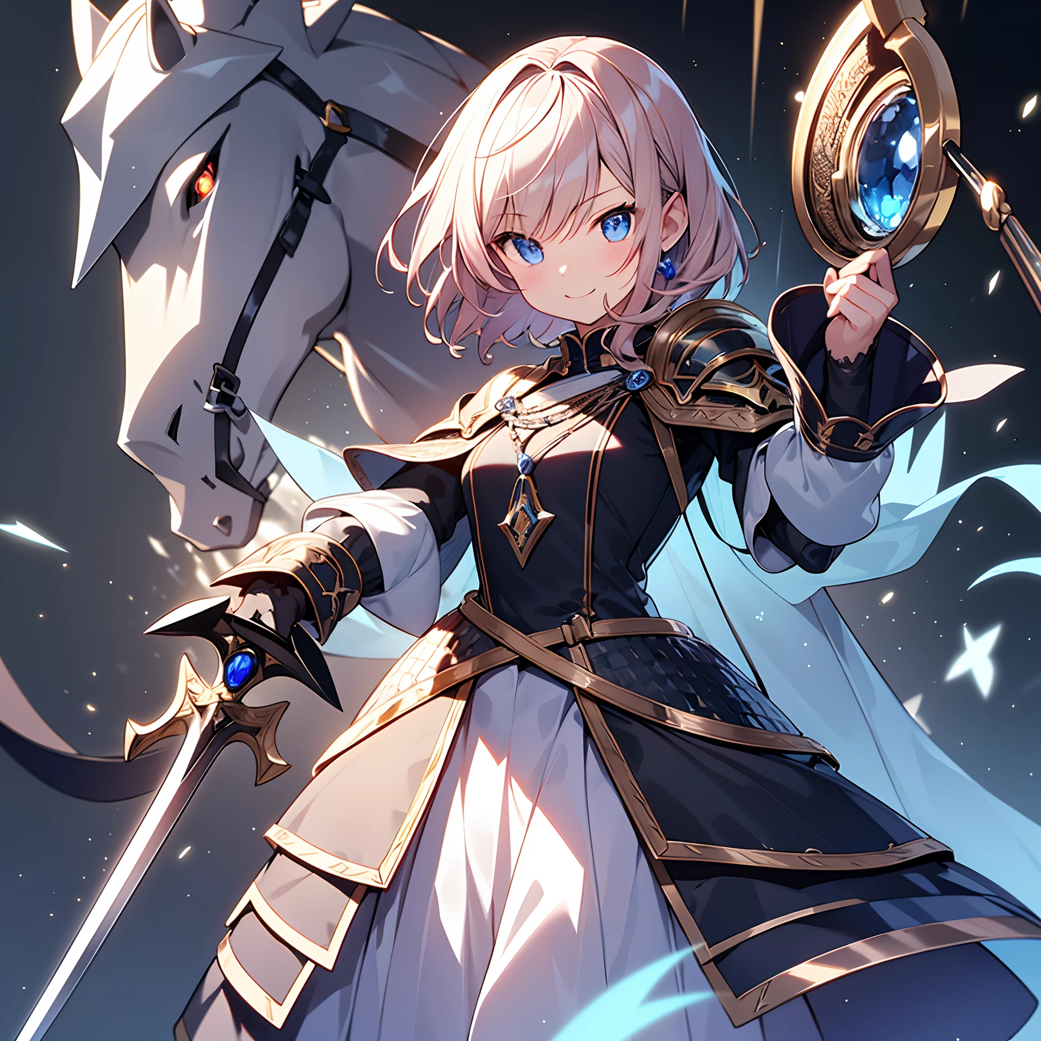 animations、2D、独奏、hiquality、Artistically、​masterpiece、Petite cute knight、Front-facing and upright、Composition seen from a short distance、Sharp eyes、Side Hairberry Short、Fine shading、Glowing hair、Brown-haired shorthair、Realistic eyes、kindly smile、Light pink lip、Illuminated by the light from the front、Eye color is sapphire、Beautifully shining black armor、Has a realistic black iron texture、Elaborate modeling of small idol characters、realistic skin textures、Frontal Face、Hold a large sword with both hands、