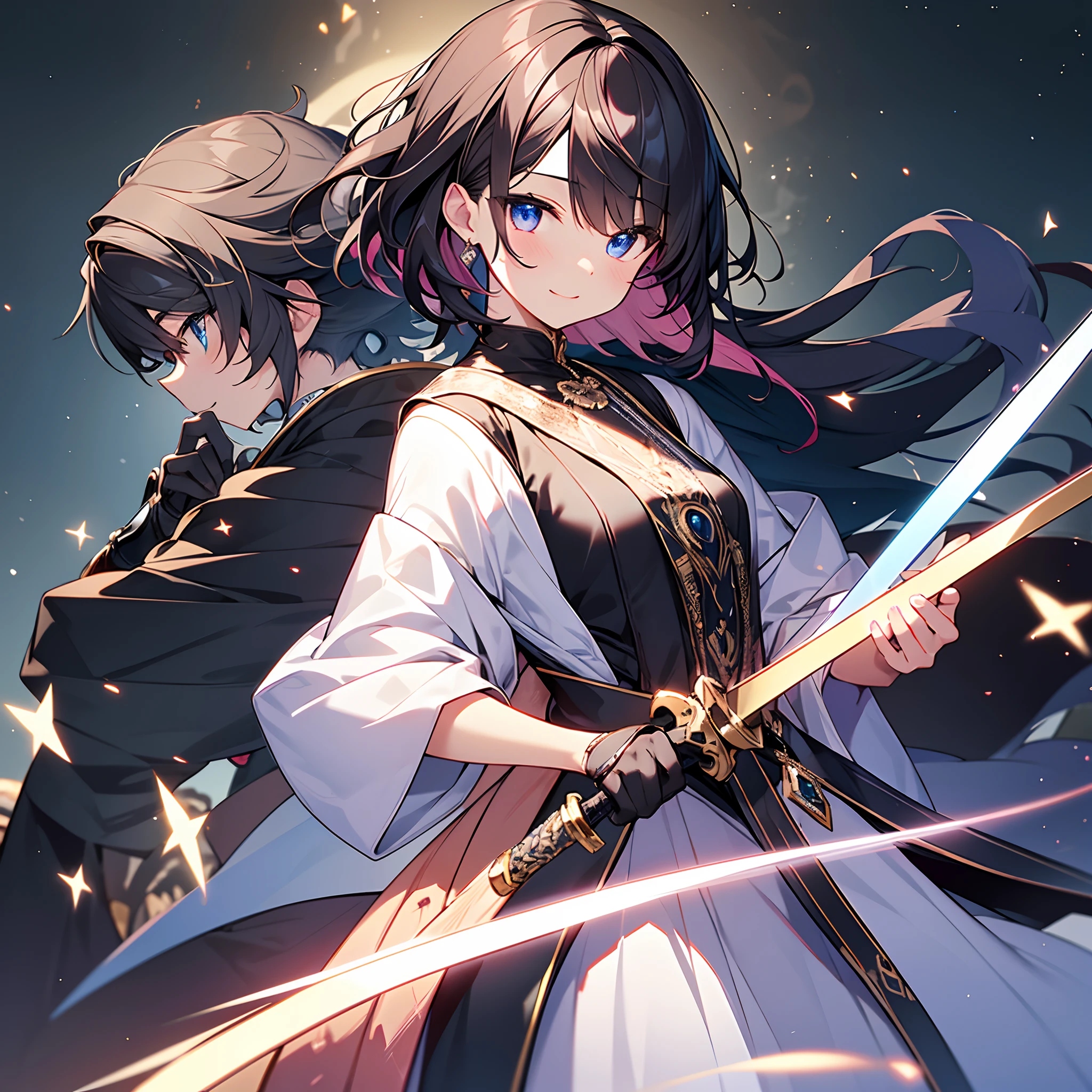 animations、2D、独奏、hiquality、Artistically、masterpiece、Petite cute knight、Front-facing and upright、Composition seen from a short distance、Sharp eyes、Side Hairberry Short、Fine shading、Glowing hair、Brown-haired shorthair、Realistic eyes、kindly smile、Light pink lip、Illuminated by the light from the front、Eye color is sapphire、Beautifully shining black armor、Has a realistic black iron texture、Elaborate modeling of small idol characters、realistic skin textures、Frontal Face、Hold a large sword with both hands、