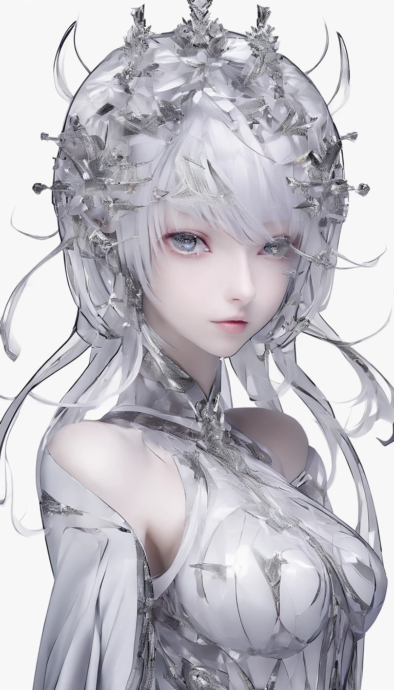 16k high quality wallpapers,Surrealist Broken Glass Photography(Detailed Eyes,long eyeslashes,Bright and colorful irises,Eyebrow expression,Blend your eyeshadow to perfection,Eyes sparkle,Reflex eye,heterochromia),(Silver long-haired girl , Hairy 1。3 Delicate hair 1。2),(Long transparent dress,floral pattern:1.4,),(Colorful and delicate shiny little butterfly headdress,Brilliant and colorful,Microcarving,Shine brightly,Attention to detail,The jewelry is of high quality,Very high image quality)White Skin Skin,Seductive smile emoji,close up shot