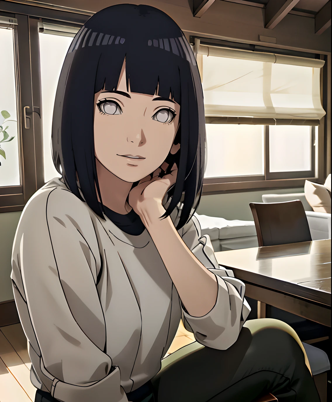 (best quality,4k,8k,Alto,master part:1.2),ultra-detalhado,(Realistic,fotorrealista,photo-realistic:1.37), hinata hyuuga, Boruto, cabelos longos ondulados, sorriso delicado, 1 girl, delicate appearance, body curvy, Terno casual, Dentro de casa, Casa moderna, tempo nublado, De frente para o espelho, Retrato, tom de cor sutil, soft lighting, legging pants, cabelo cumprido, sentada na mesa