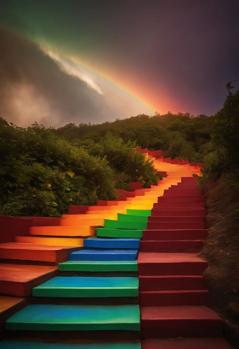 Close-up of the stairs leading to the rainbow sky, stairway to heaven, A very colorful heaven, stairs from hell to heaven, Leading to the Sky, Rainbow clouds, Colors of Heaven, Rainbow Trail, Colorful sky, Rainbow clouds, Heaven!!!!!!!!, rainbow, Rainbow colors, Psychedelic sky, In beautiful colors, Irridescent color, colorful dream, colorful skies