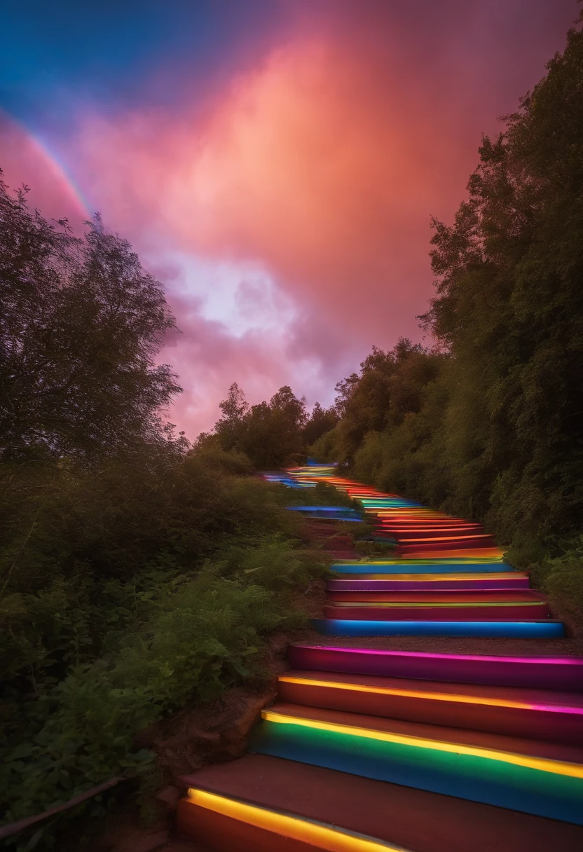 Close-up of the stairs leading to the rainbow sky, stairway to heaven, A very colorful heaven, stairs from hell to heaven, Leading to the Sky, Rainbow clouds, Colors of Heaven, Rainbow Trail, Colorful sky, Rainbow clouds, Heaven!!!!!!!!, rainbow, Rainbow colors, Psychedelic sky, In beautiful colors, Irridescent color, colorful dream, colorful skies